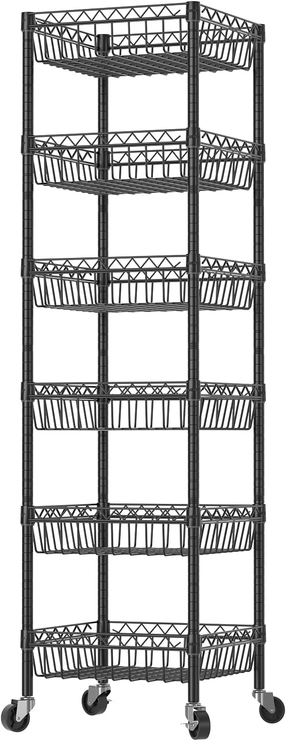SINGAYE 6 Tier Adjustable Wire Shelf with Wheels Black