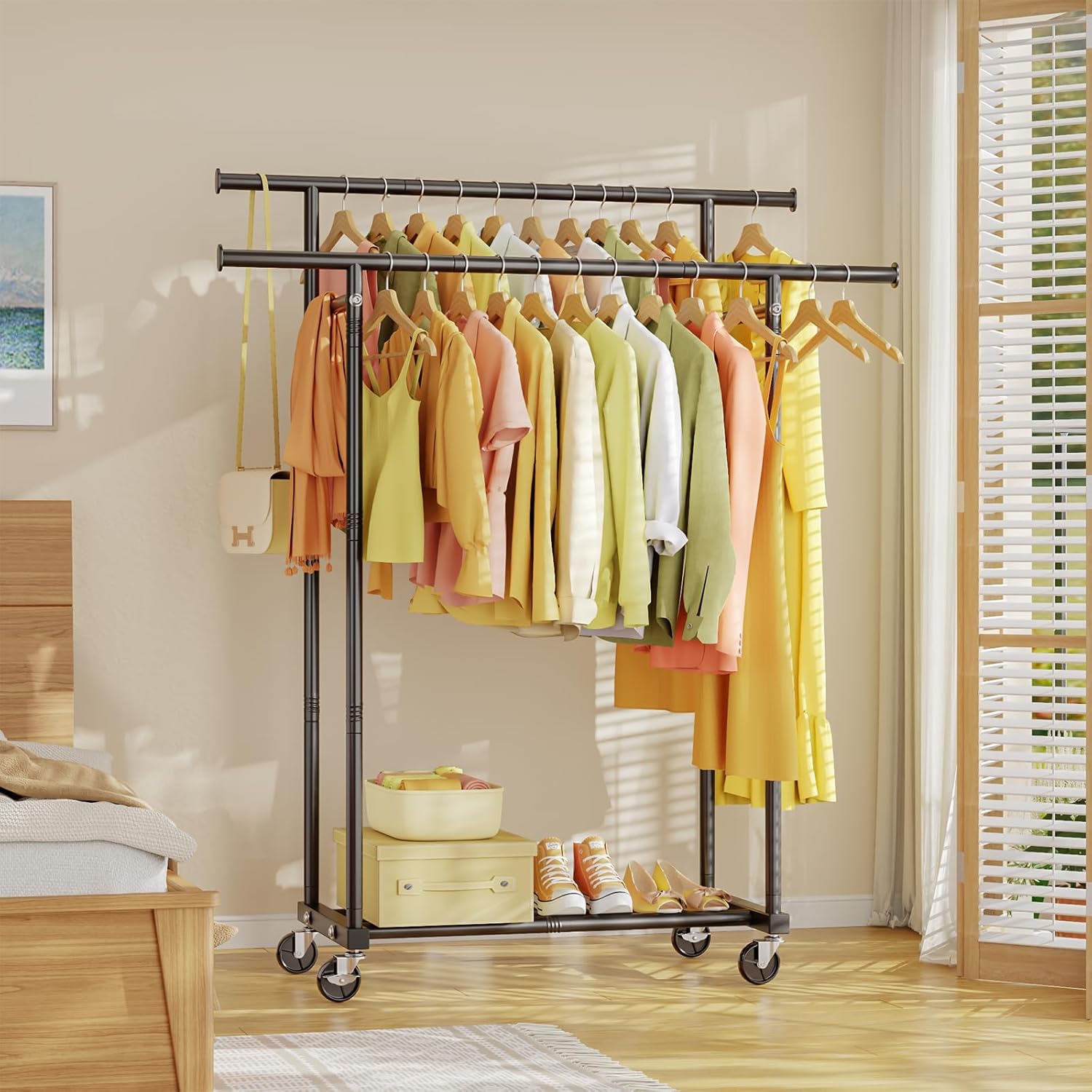 Double Rods Clothes Rack with Rolling Wheels