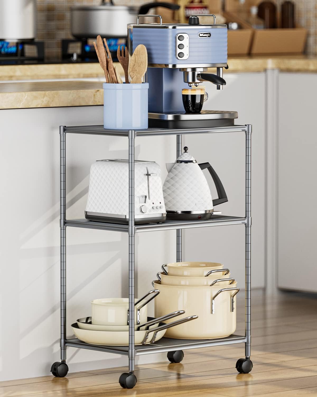 OVICAR 3-Tier Steel Wire Storage Shelving Unit with Wheels