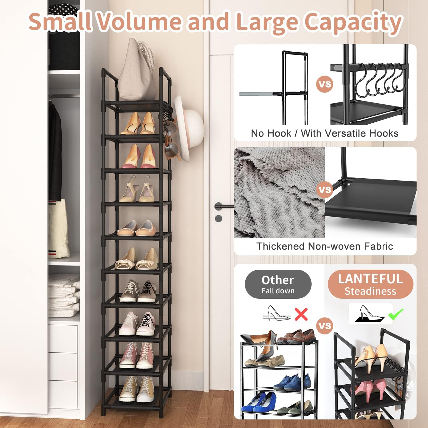 Tall Narrow Shoe Rack for Entryway 10 Tier Storage