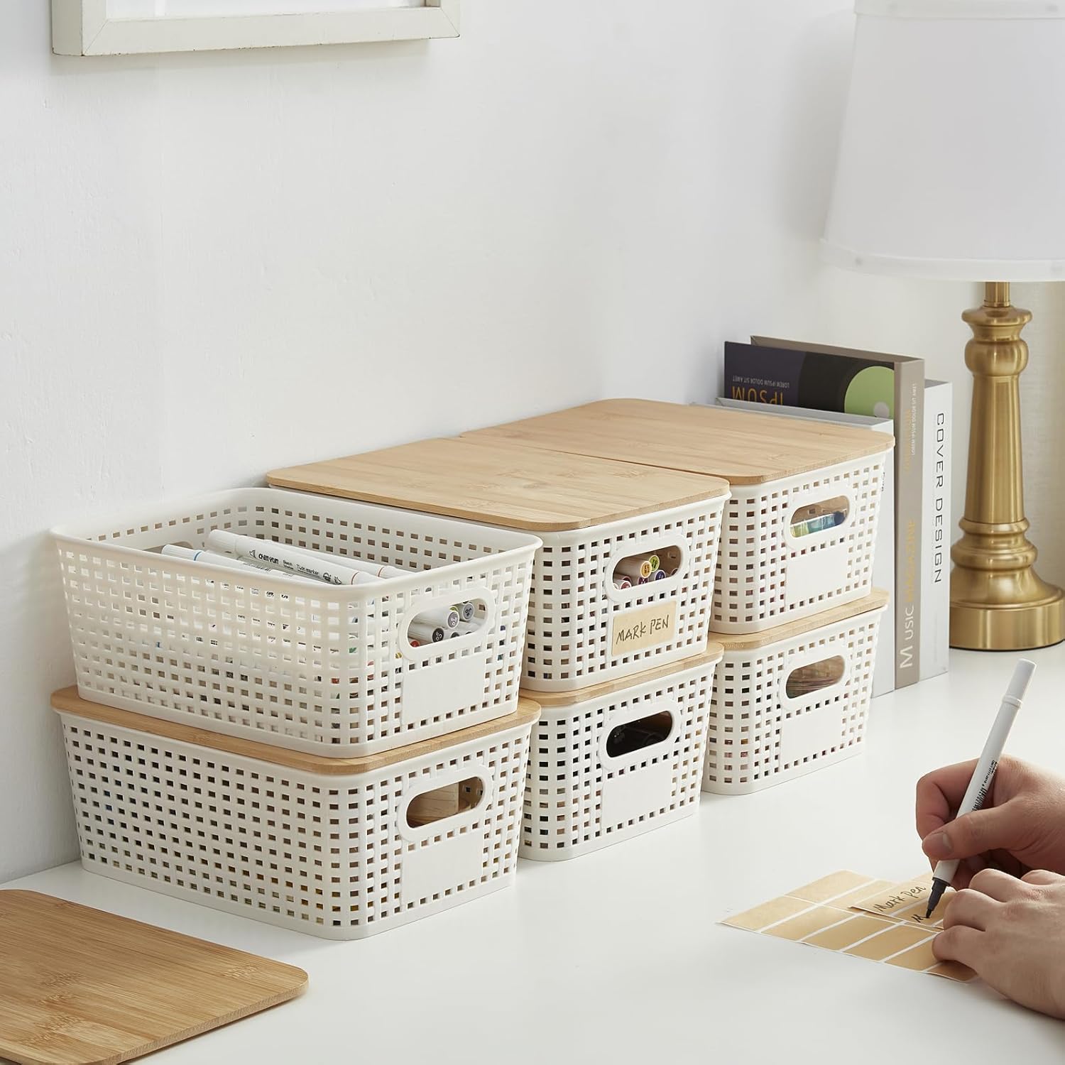 Small Plastic Storage Bins with Bamboo Lids 52Qt Stackable Organizers