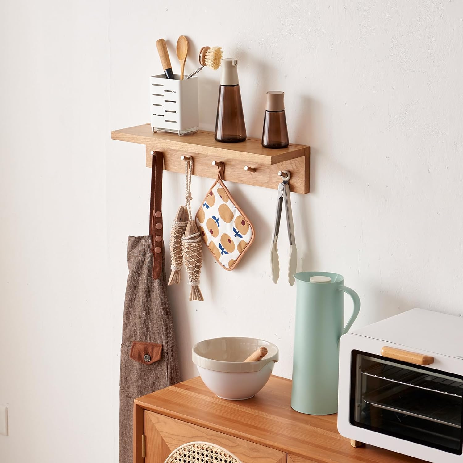 Oak Wood Wall Shelf with 5 Hooks Coat Rack