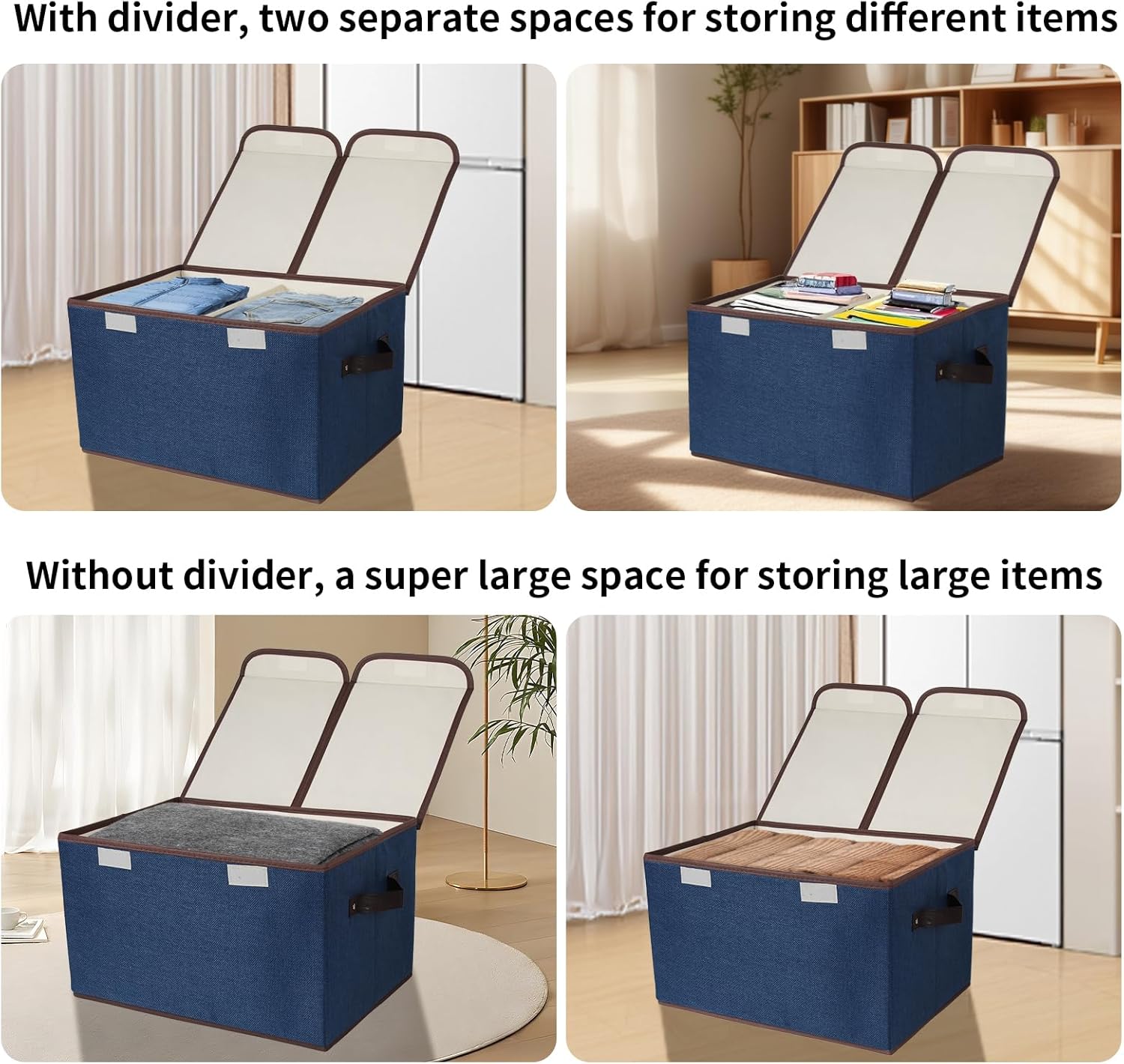 Foldable Fabric Storage Box with Double Lid and Dividers