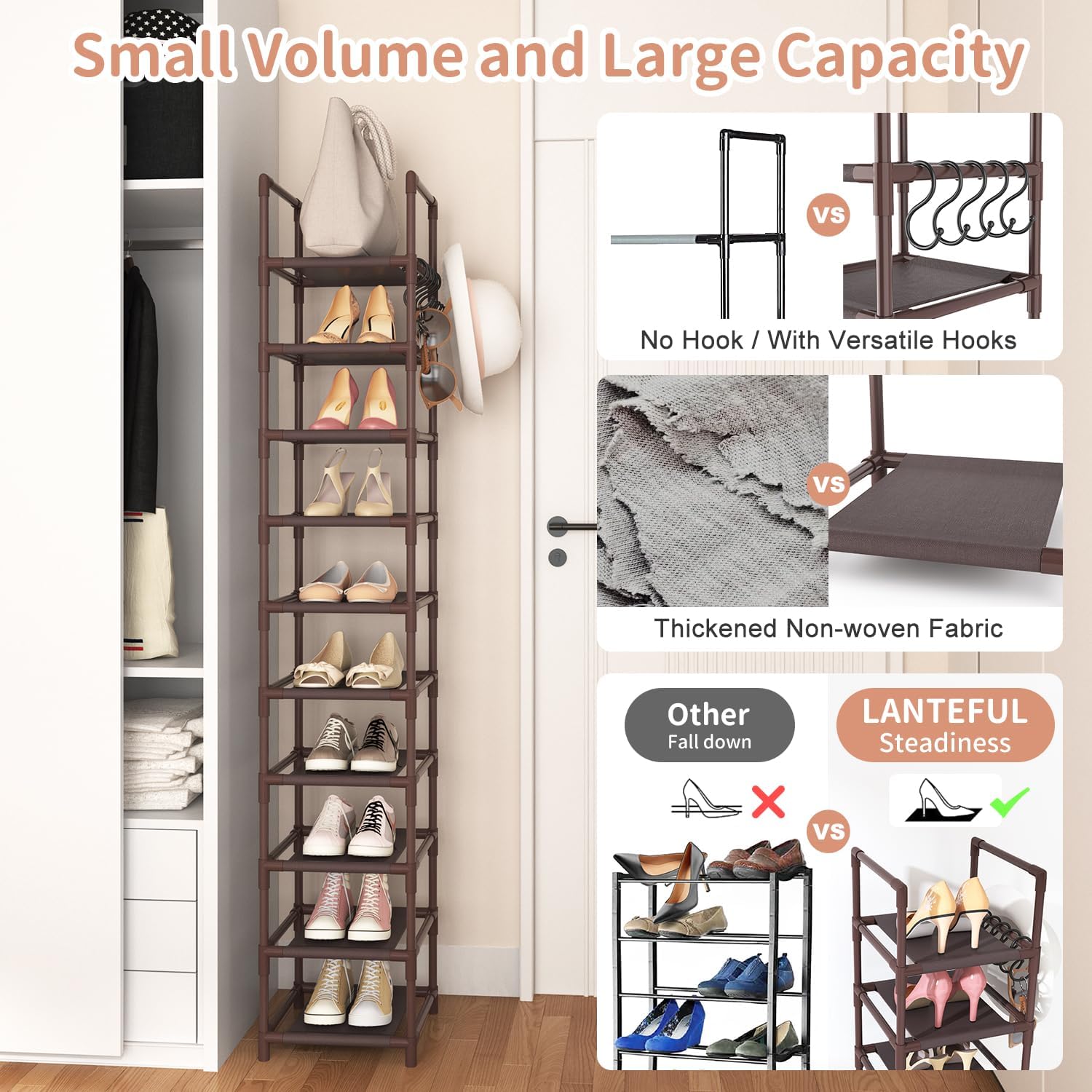 LANTEFUL 10-Tier Tall Narrow Shoe Rack Storage Organizer for Closets Entryways Dorms Brown