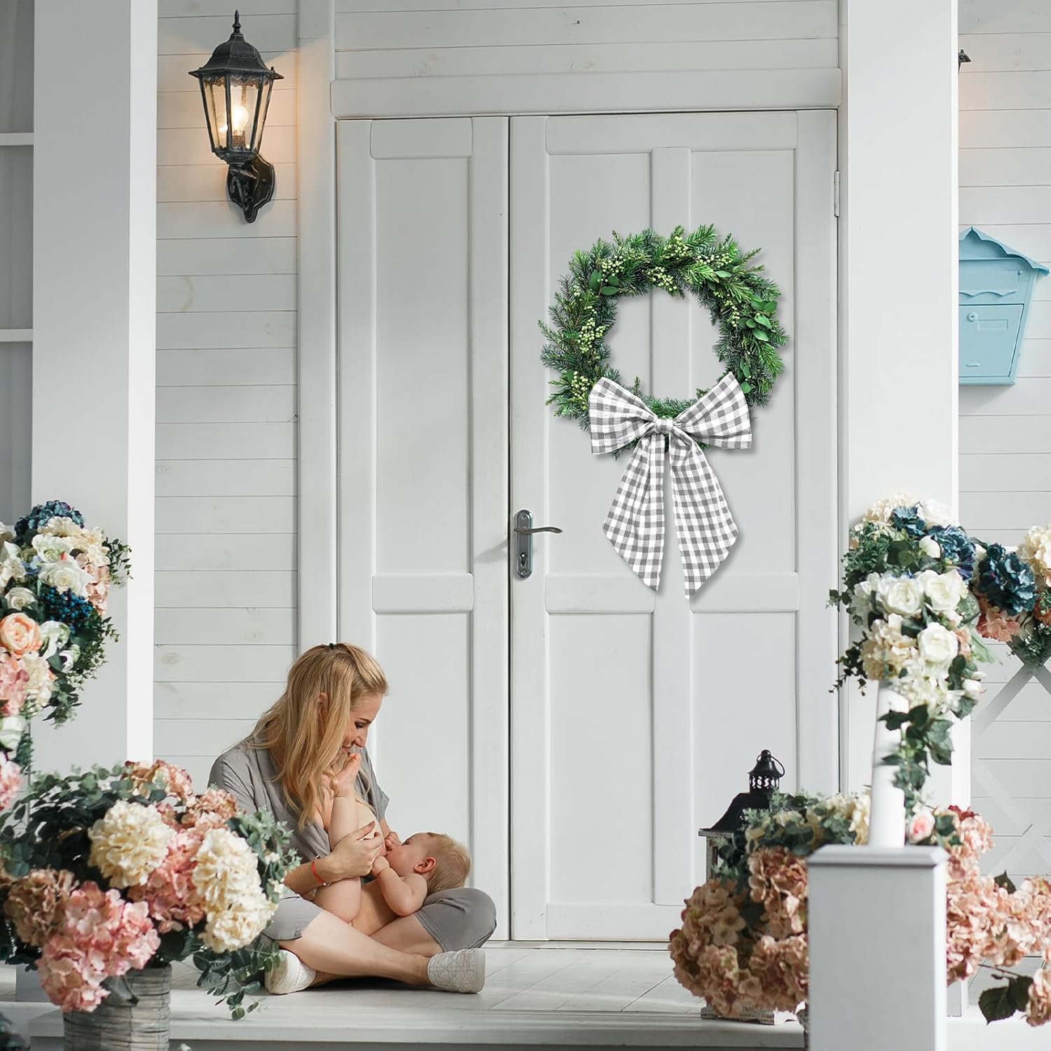 Gray Buffalo Plaid Wreath Sash for Front Door
