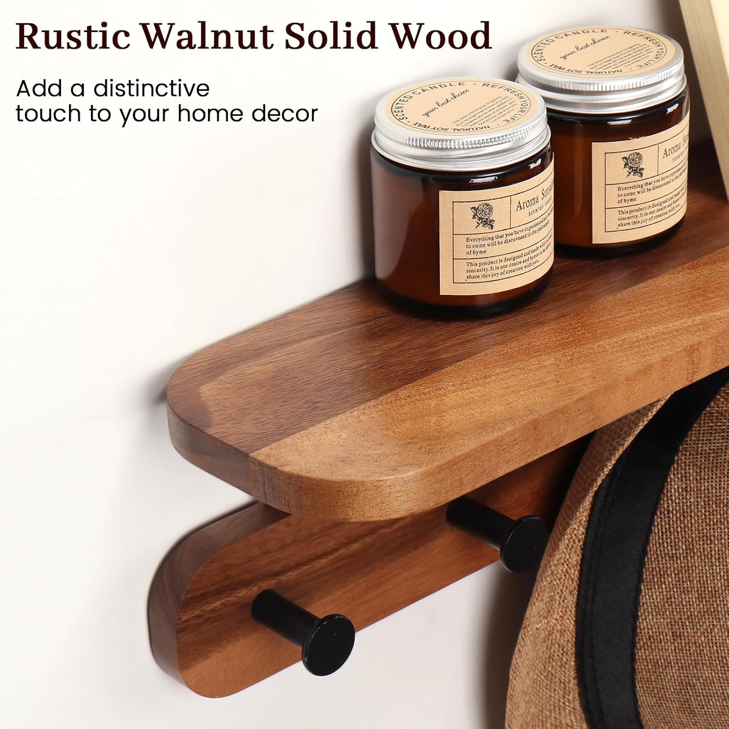 Walnut Wall Shelf with 5 Hooks for Entryway Storage