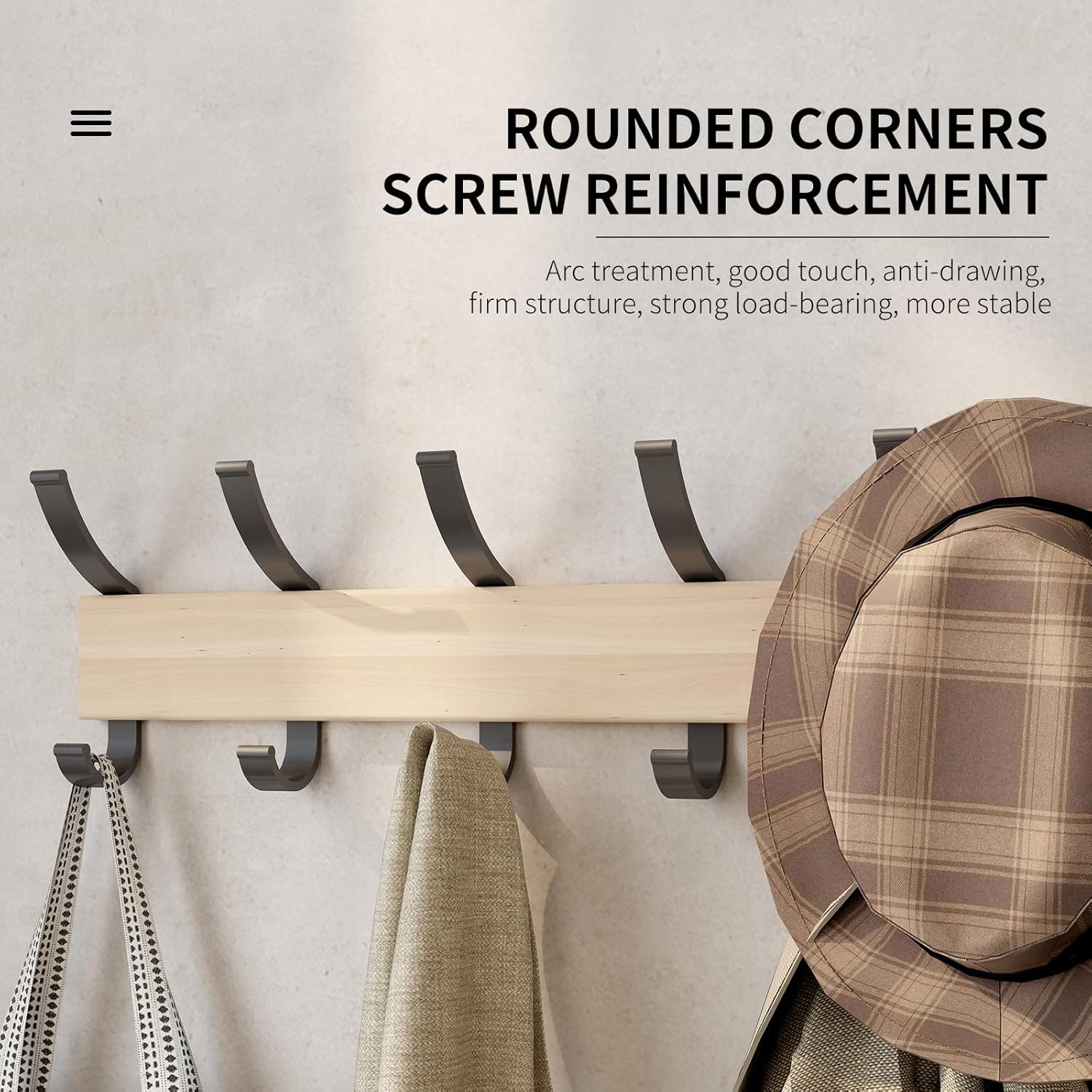 Solid Wood Coat Rack with 5 Black Hooks and Aluminum Frame