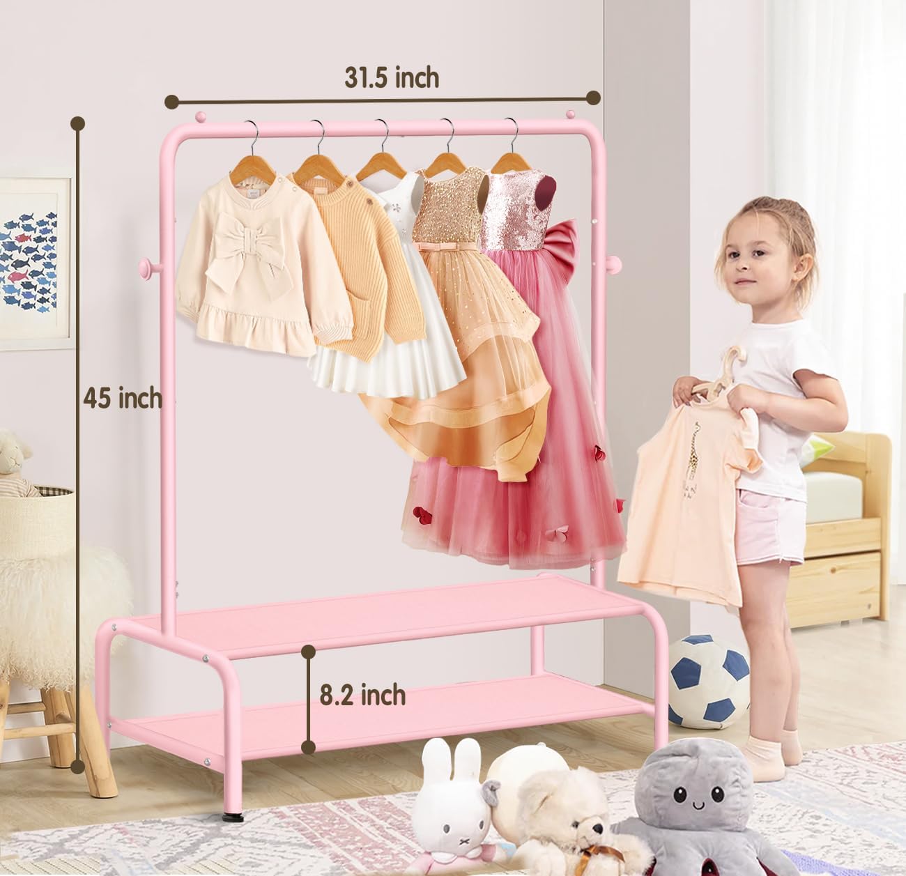 Kids Dress Up Rack with 2 Fabric Shelves and U-Shape Base