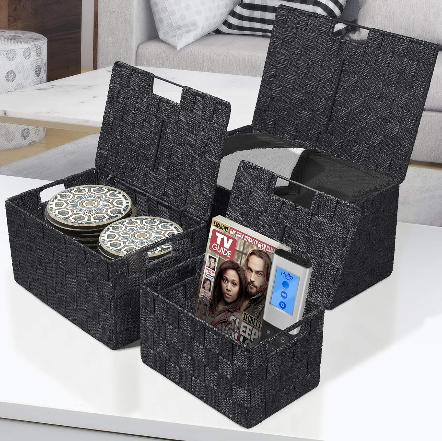 Sorbus Set of 3 Black Woven Storage Baskets with Lids