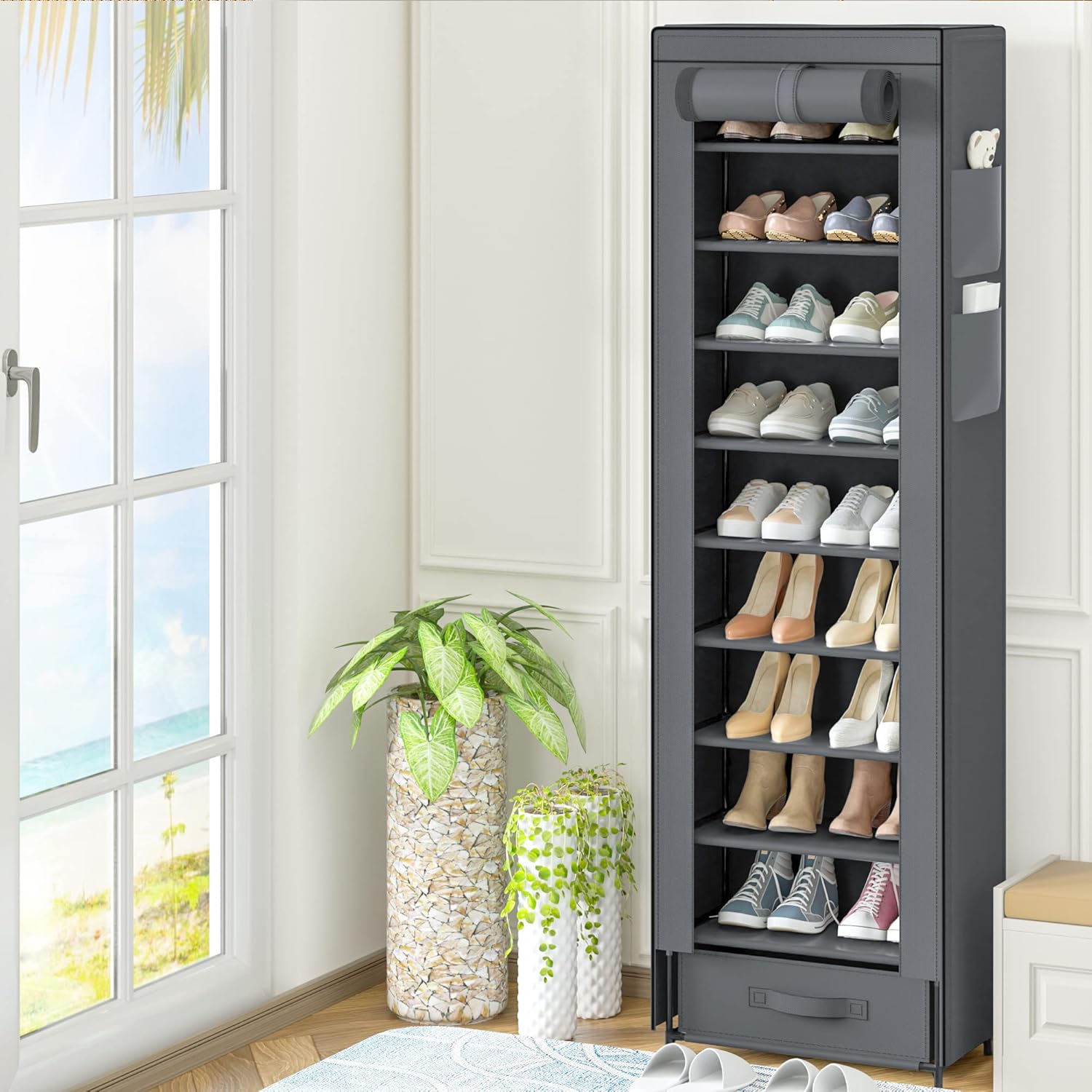 10 Tier Tall Narrow Shoe Rack with Dustproof Cover Storage Organizer