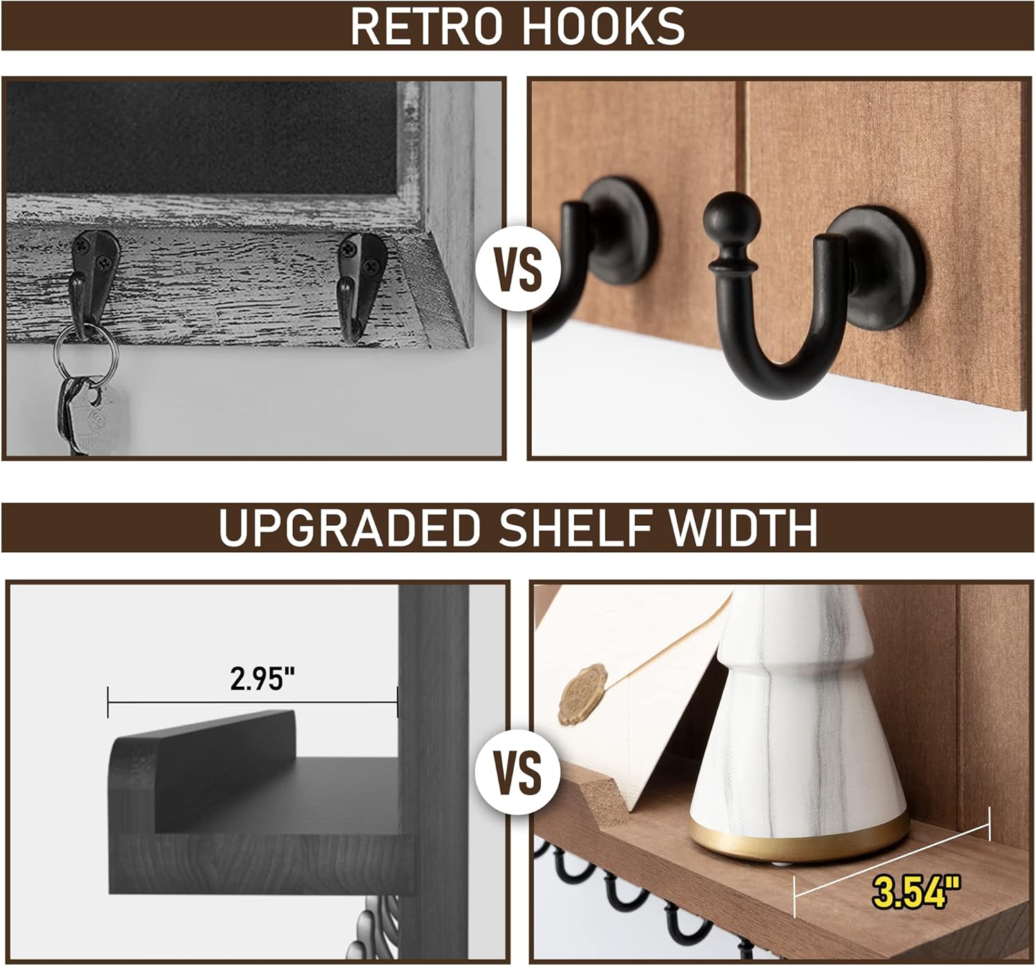 Rebee Vision Key Holder for Wall - Farmhouse Rustic Mail Organizer with 7 Sturdy Key Hooks Retro Brown