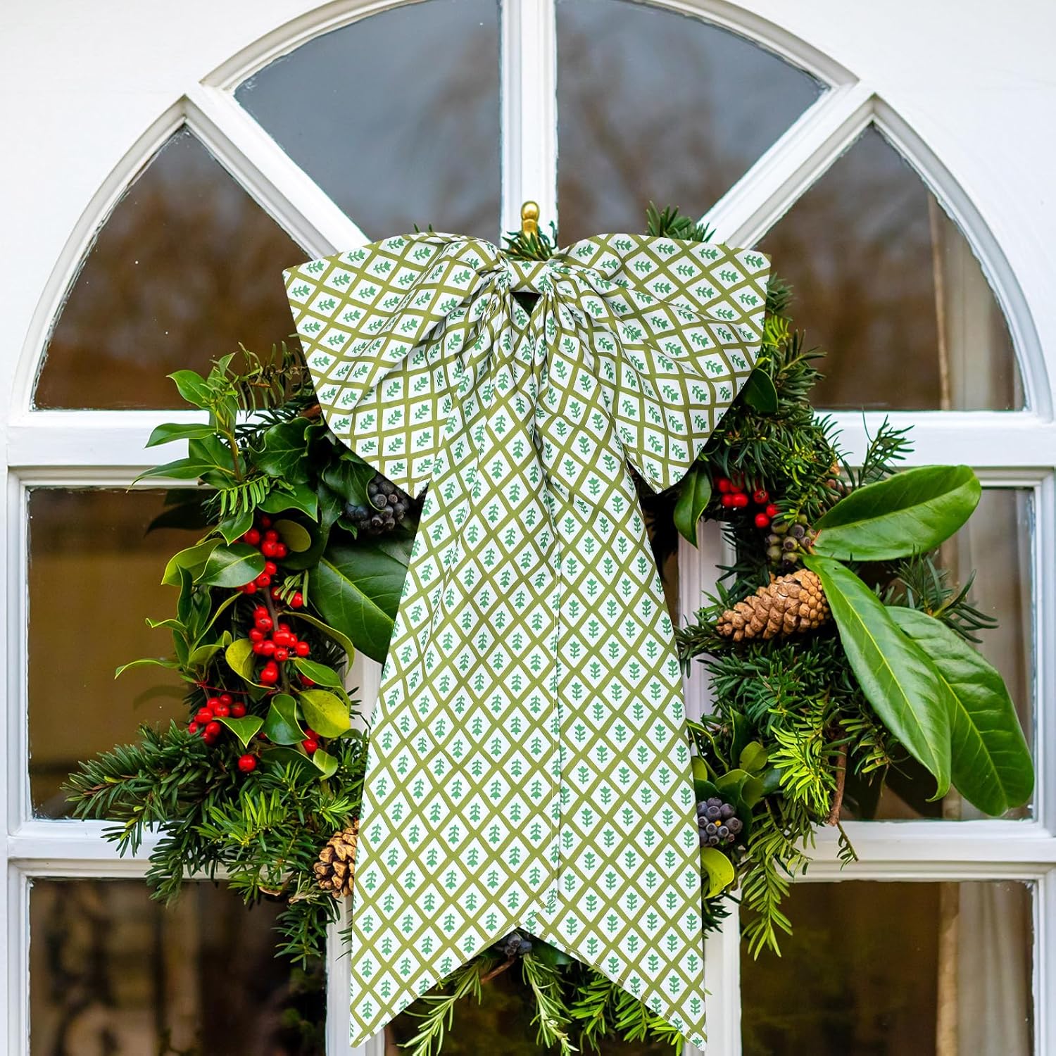 2 Pcs Green Block Print Wreath Sash for Front Door