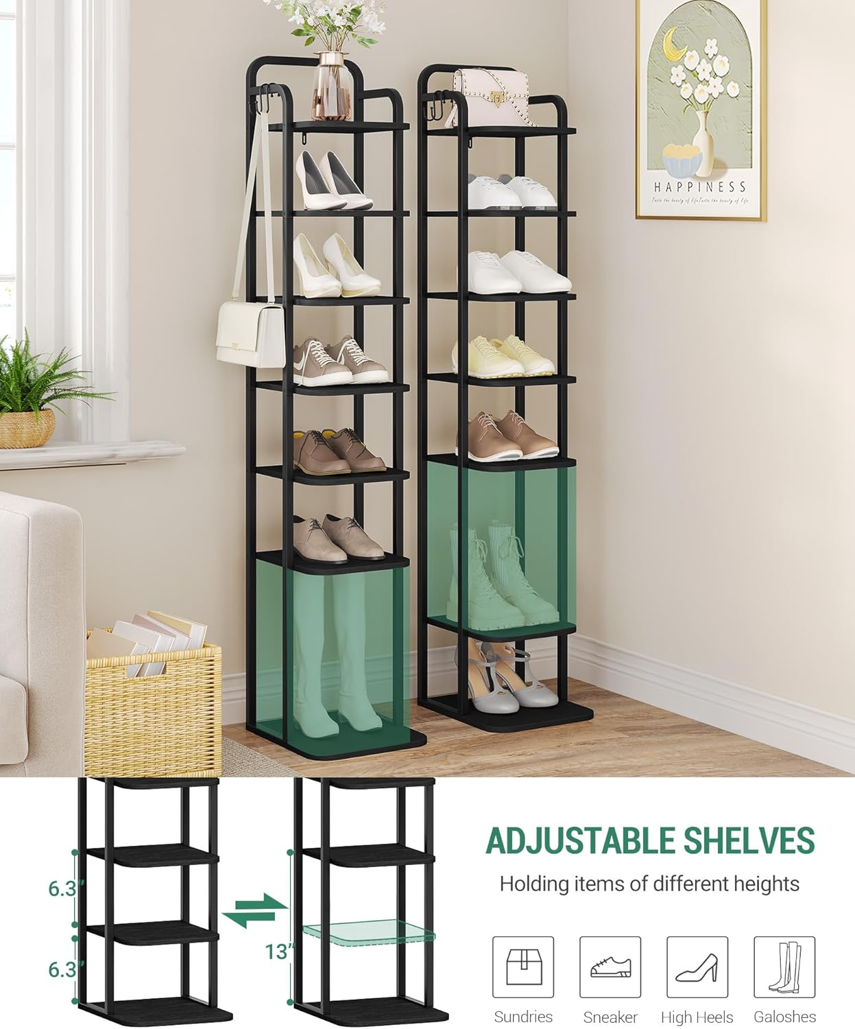 8 Tiers Vertical Shoe Rack Narrow Black Adjustable Corner Storage
