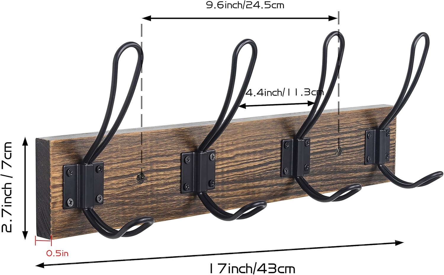 Homagic Rustic Wall Coat Hook with 4 Farmhouse Hooks - Brown