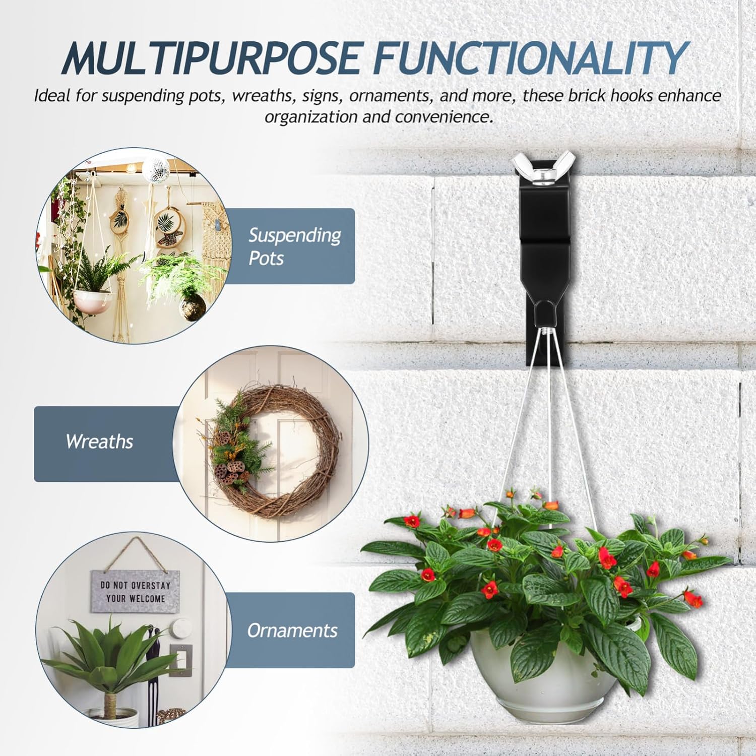 Adjustable Brick Hooks Clamp 8pcs Heavy-Duty No Drill Wall Hangers for Wreaths and Decor