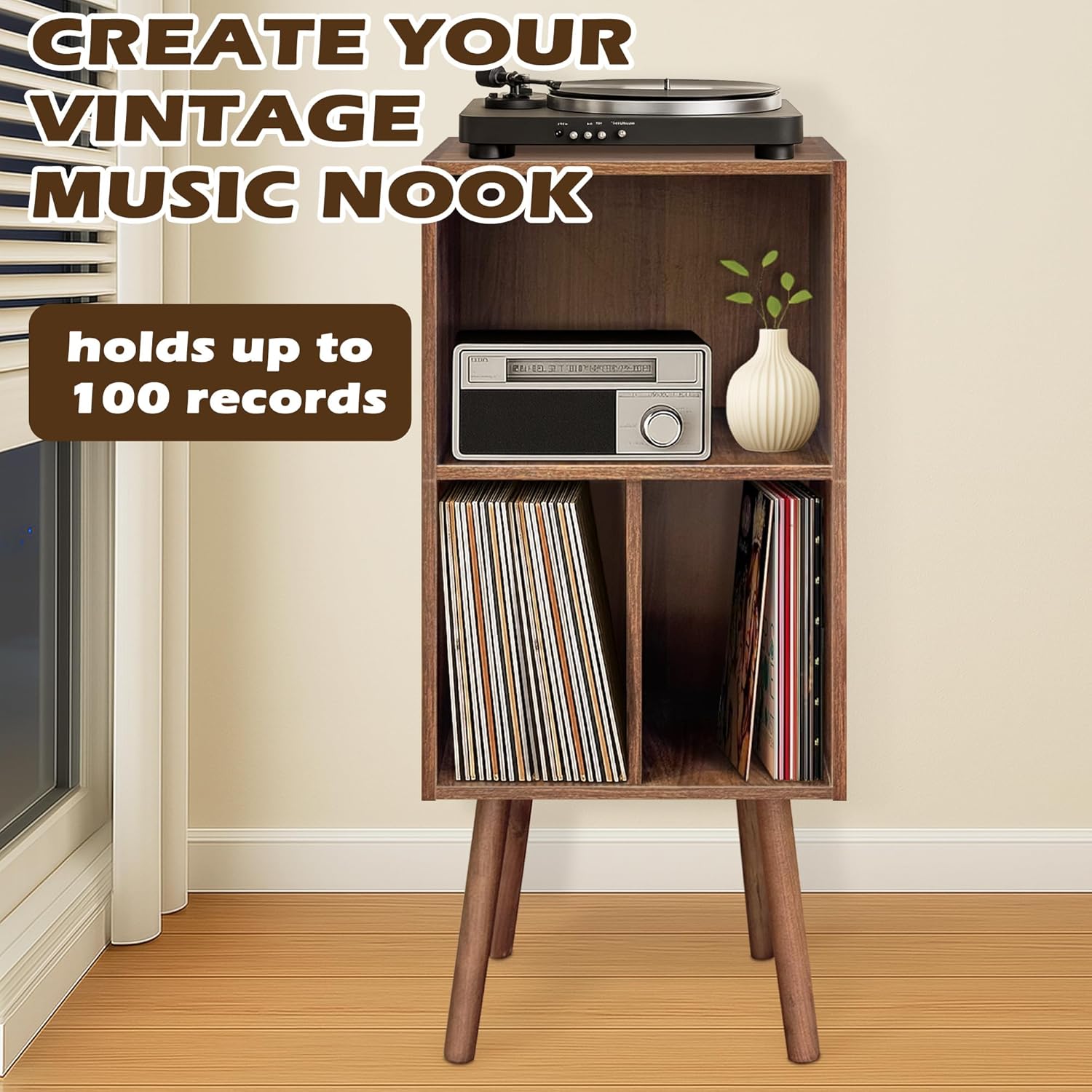 Montex Record Player Stand with 3 Tier Storage and Vinyl Display