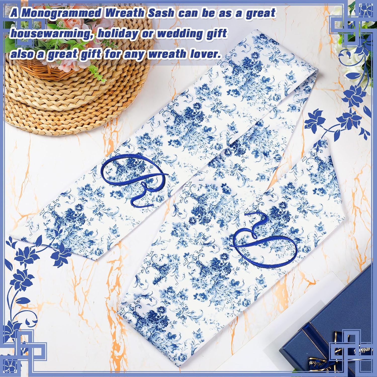 2 Pcs Monogram Wreath Sashes for Front Door Blue and White Decor