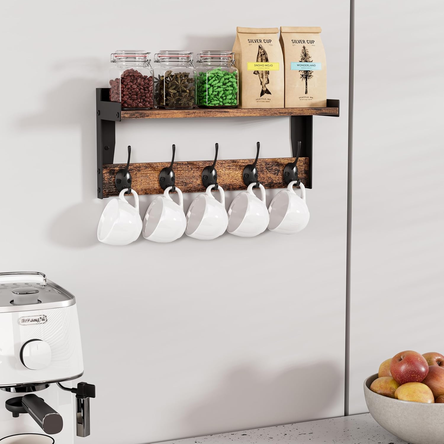 Wall Hooks with Shelf Wood Coat Rack with 5 Metal Hooks