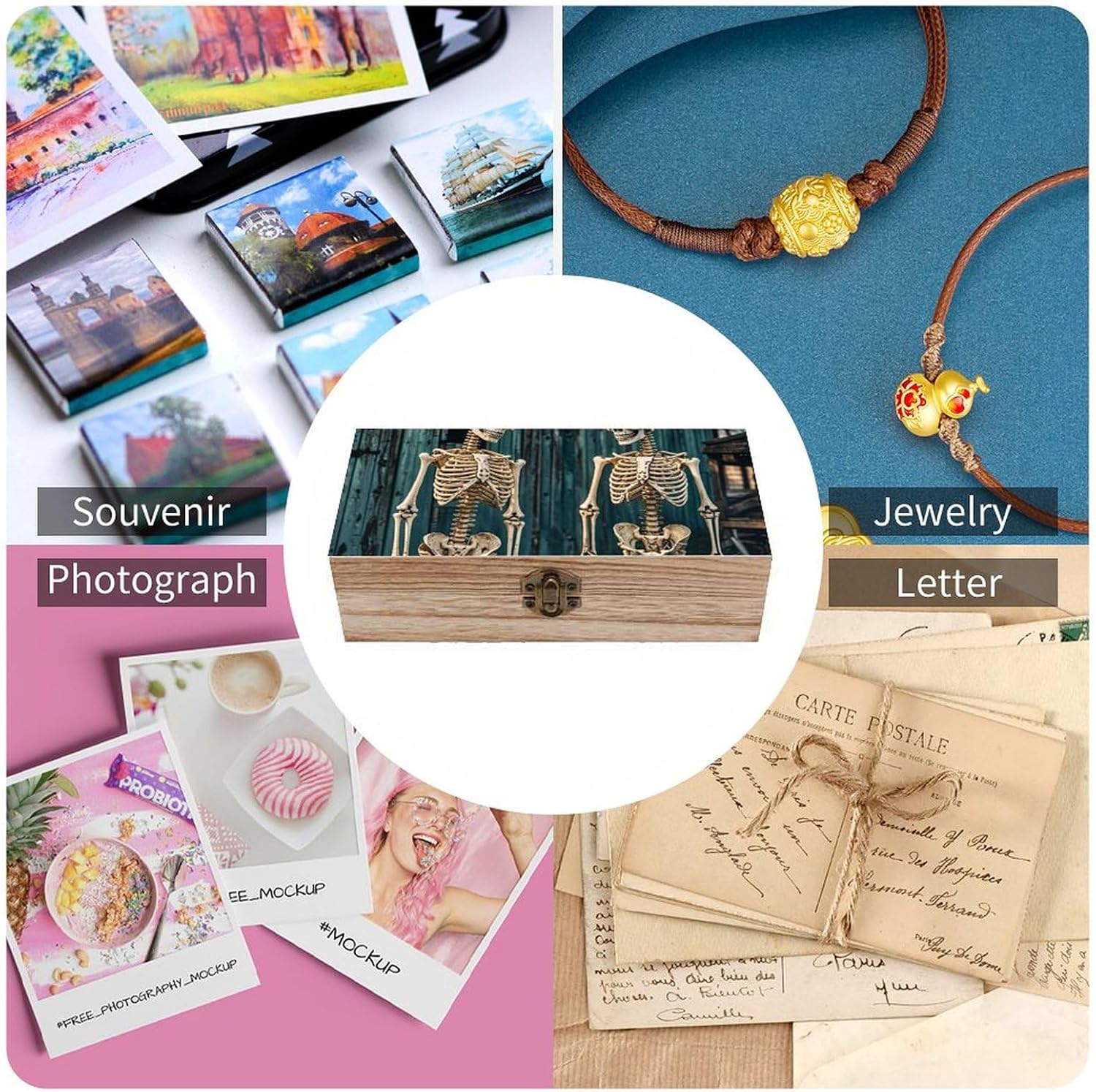 Vintage Wooden Storage Box with Skeletons Print