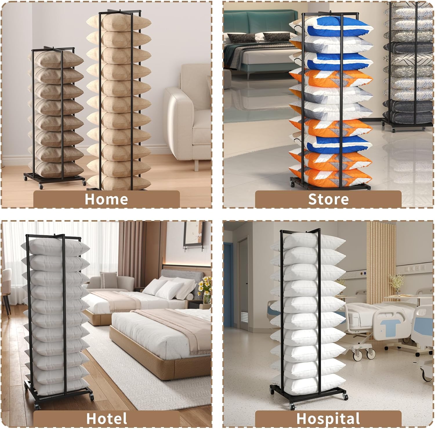 Pillow Storage Rack with Adjustable Height and Mobile Wheels