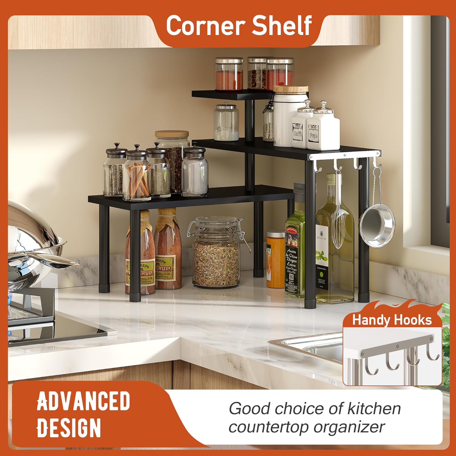 GHWIE 3 Tier Corner Shelf Organizer Black