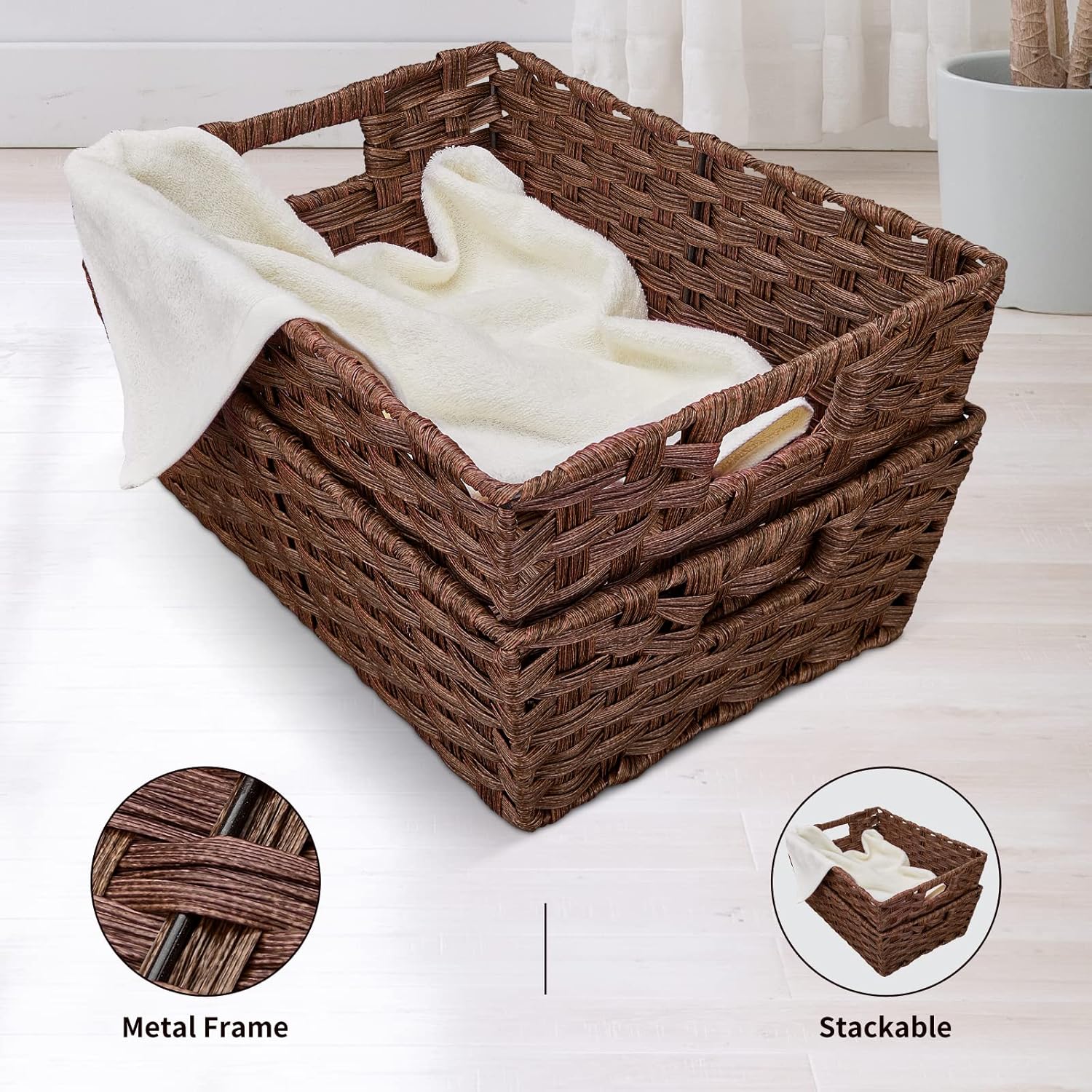 Large Wicker Storage Basket Set of 2 Brown Waterproof