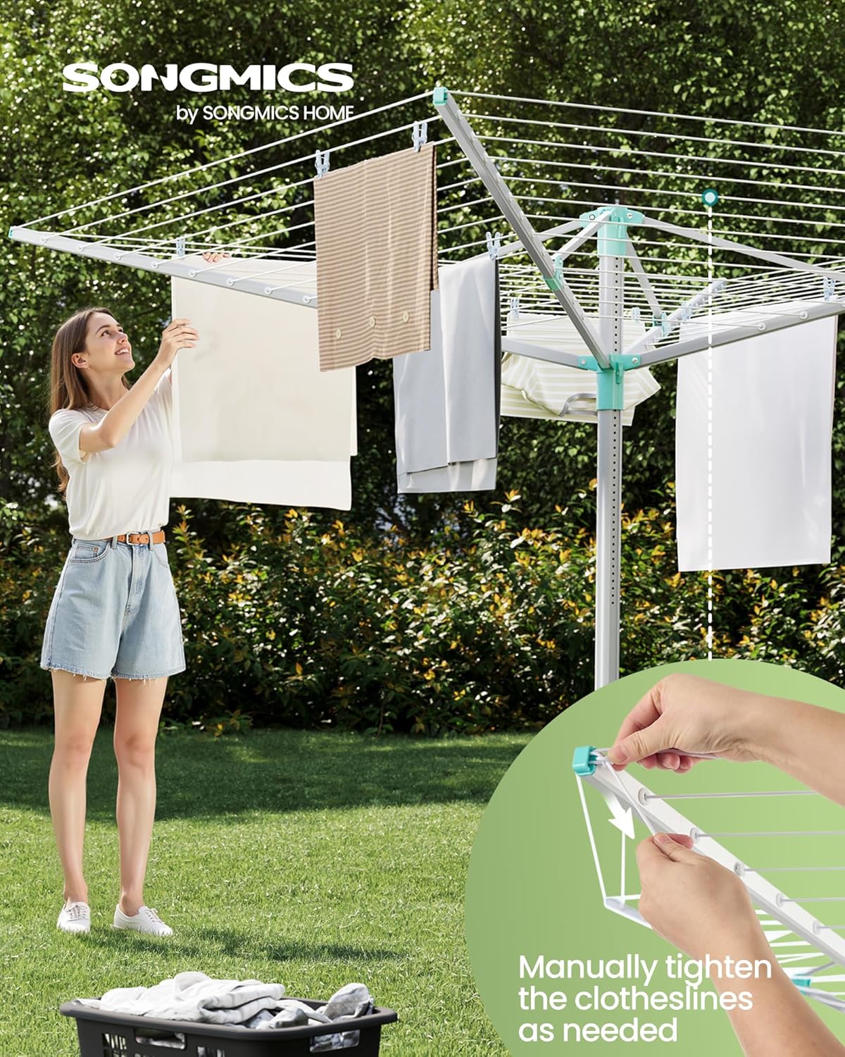 SONGMICS Retractable Clothesline Drying Rack with Ground Spike and Cover