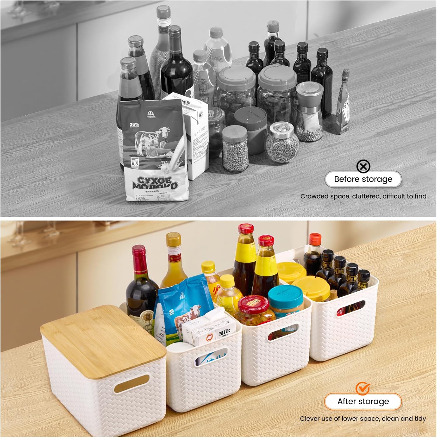 4 Pack Stackable Storage Bins with Bamboo Lids - White