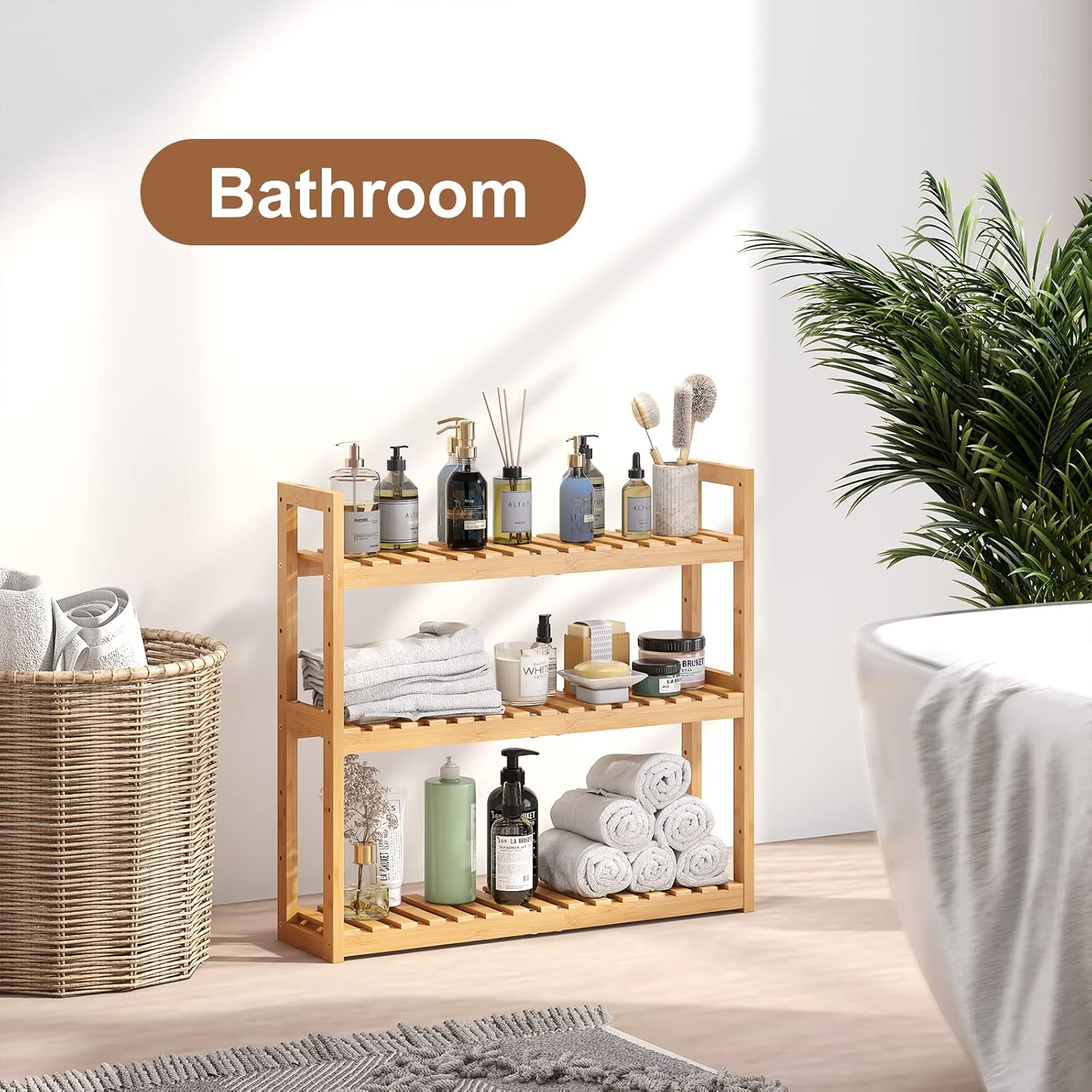 FILWH Bamboo Organizer Rack - Adjustable 3 Tier Storage Shelf