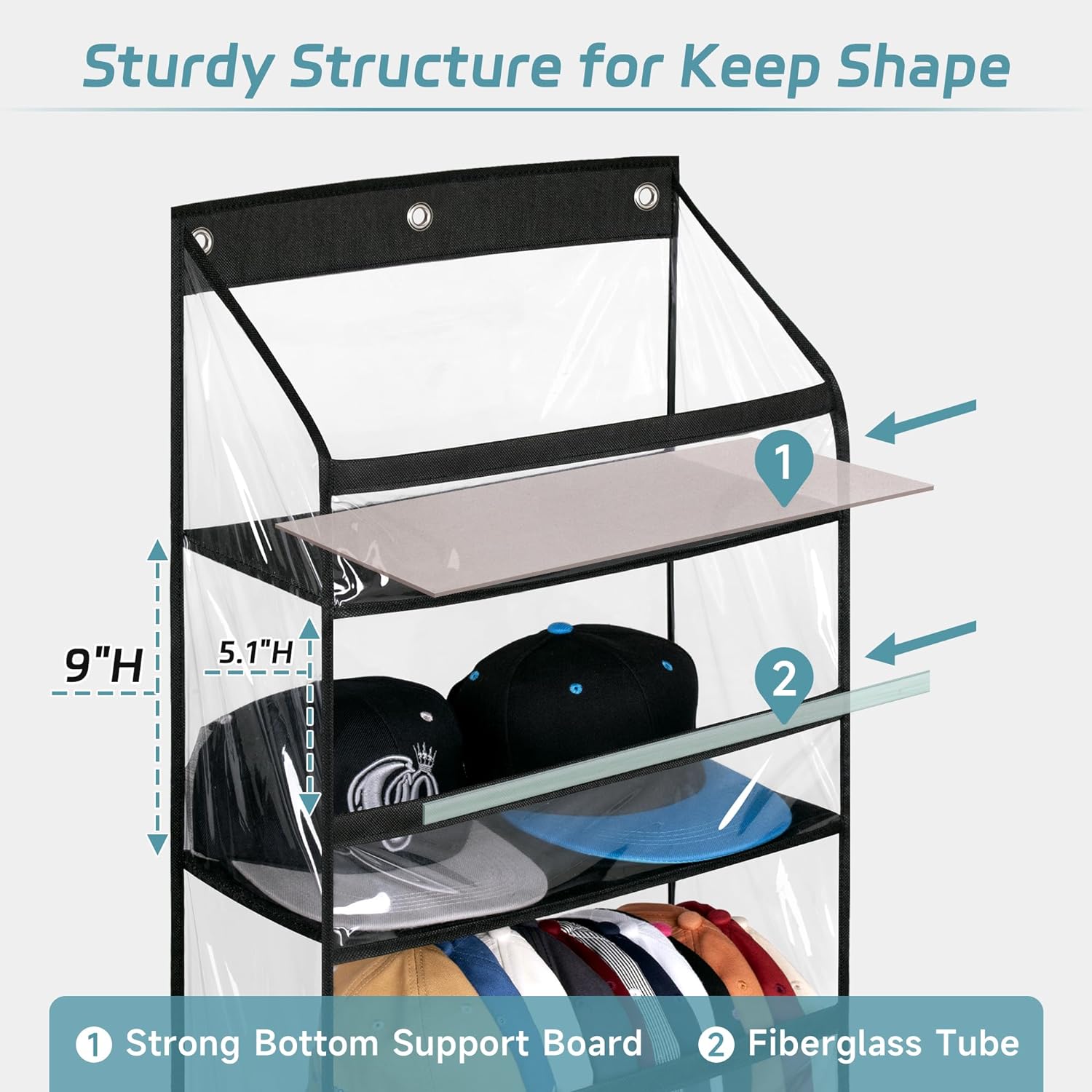 AOODA Clear Over The Door Hat Racks for Baseball Caps 72 Caps Storage Organizer 3 Hooks Black
