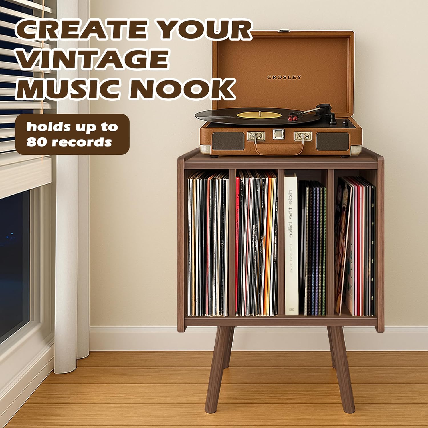 Mid Century Modern Record Player Stand with 4 Cabinets