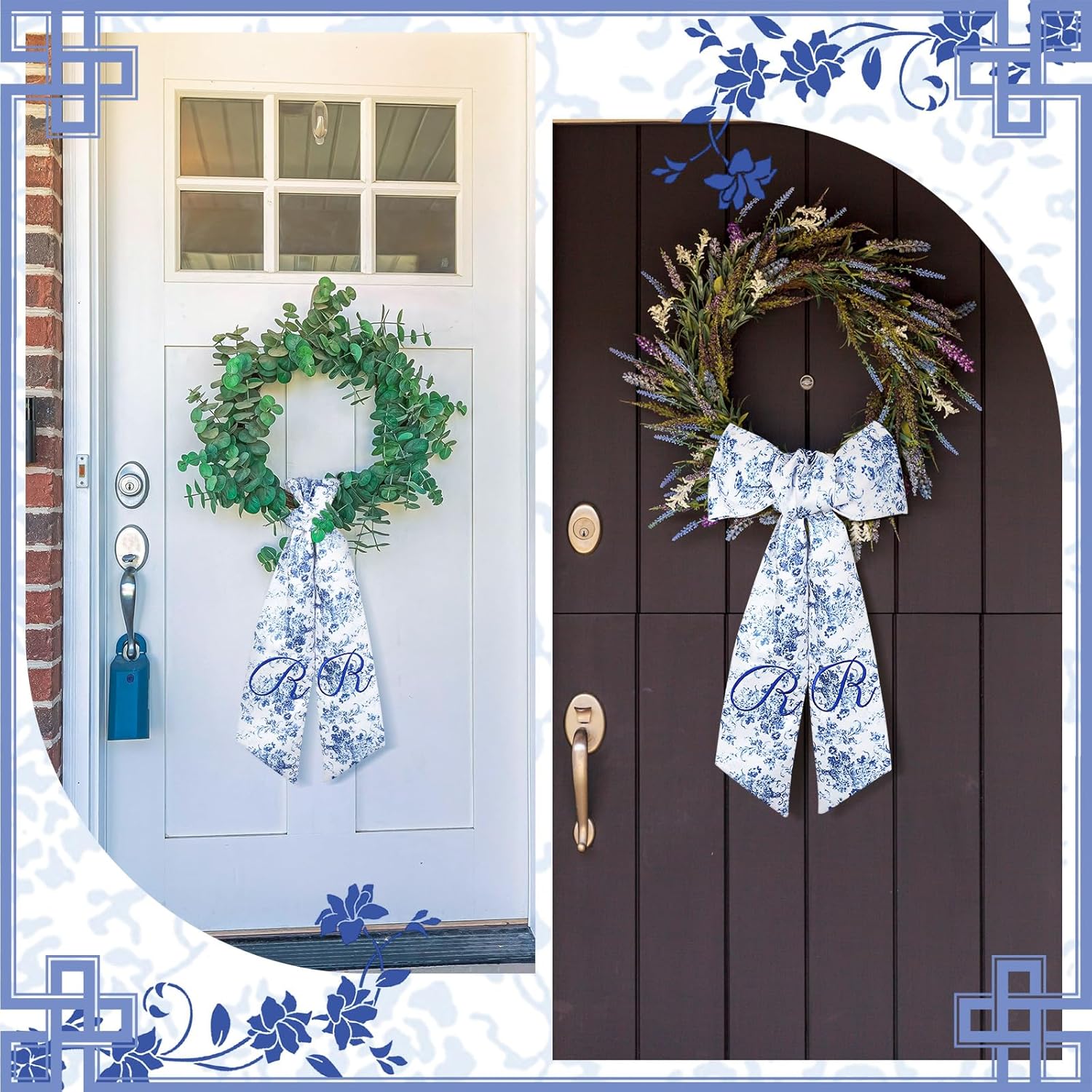 2 Pcs Monogram Wreath Sashes for Front Door Blue and White Decor