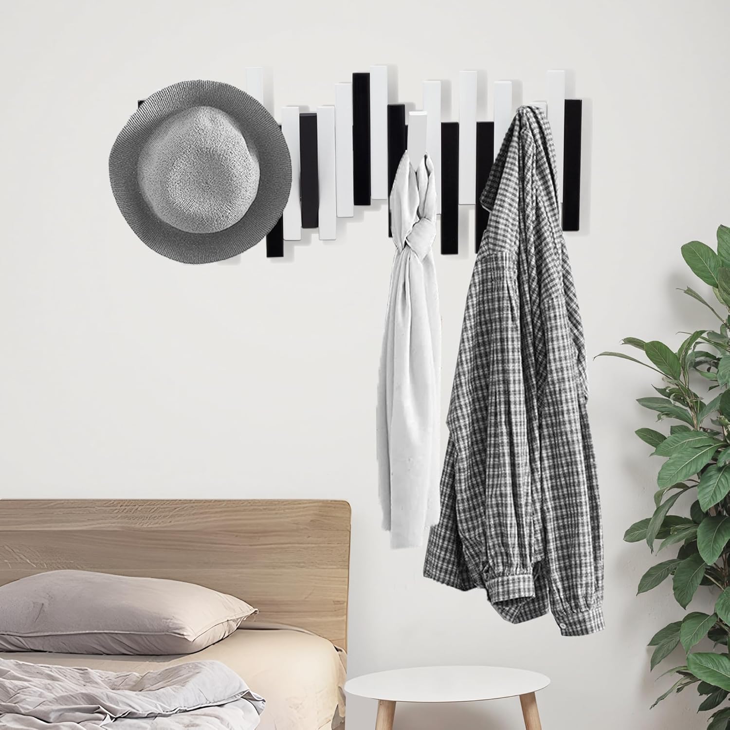 MinBoo Bamboo Multi Hook Coat Rack - Modern Space-Saving 4 Flip-Down Hooks