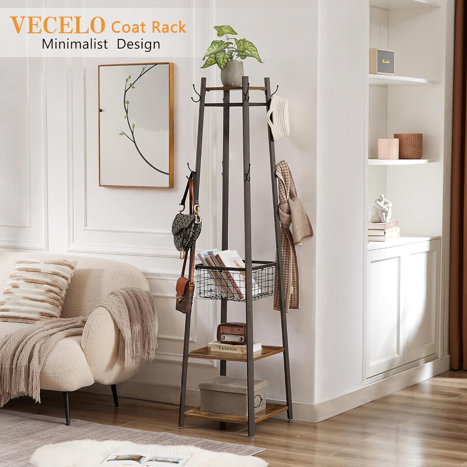 VECELO Freestanding Coat Rack with Metal Basket and Shelves