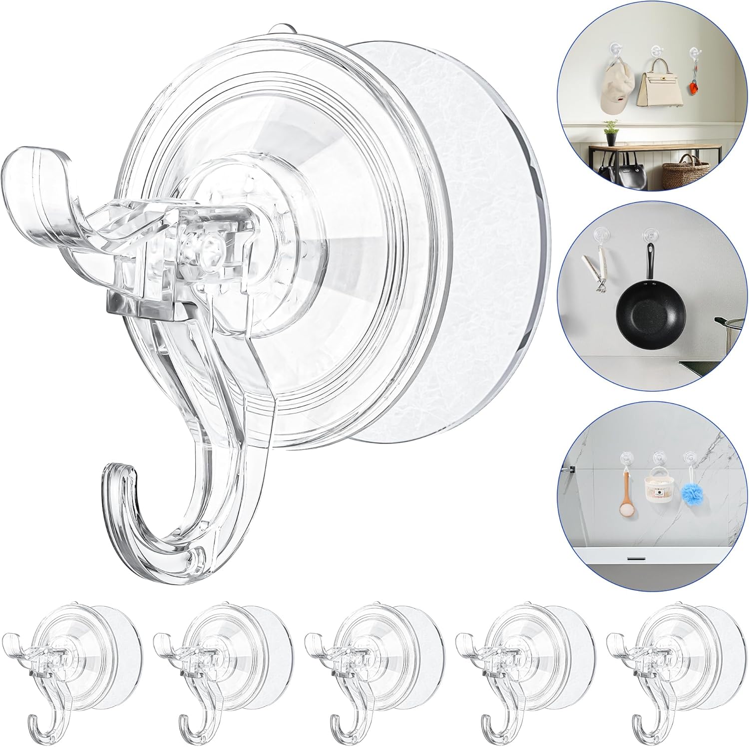 Artressel Suction Cup Hooks 5 Pack Heavy Duty Clear Shower Hook for Bathroom Wall Towel Tile Kitchen Glass Door Window