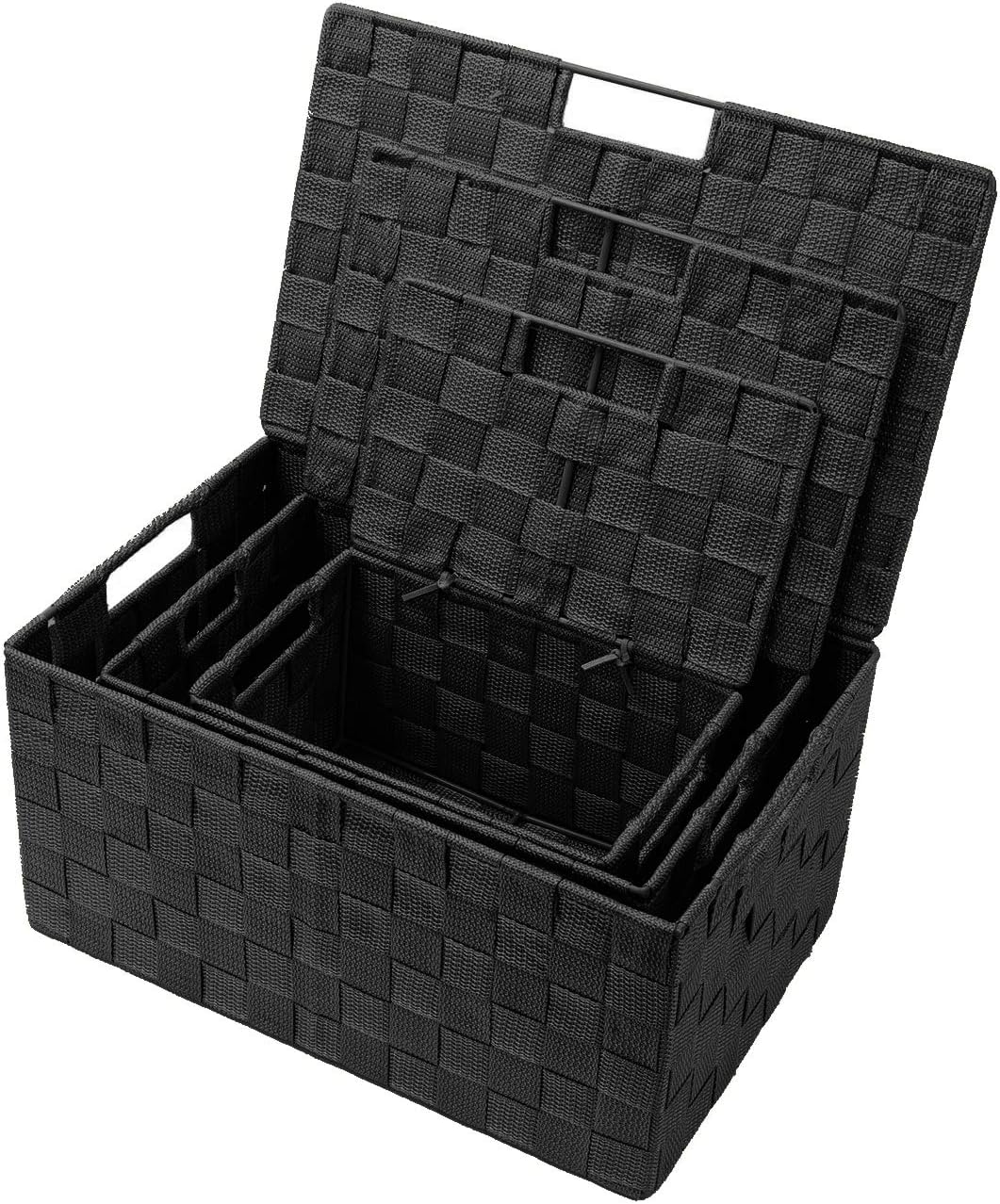 Sorbus Set of 3 Black Woven Storage Baskets with Lids