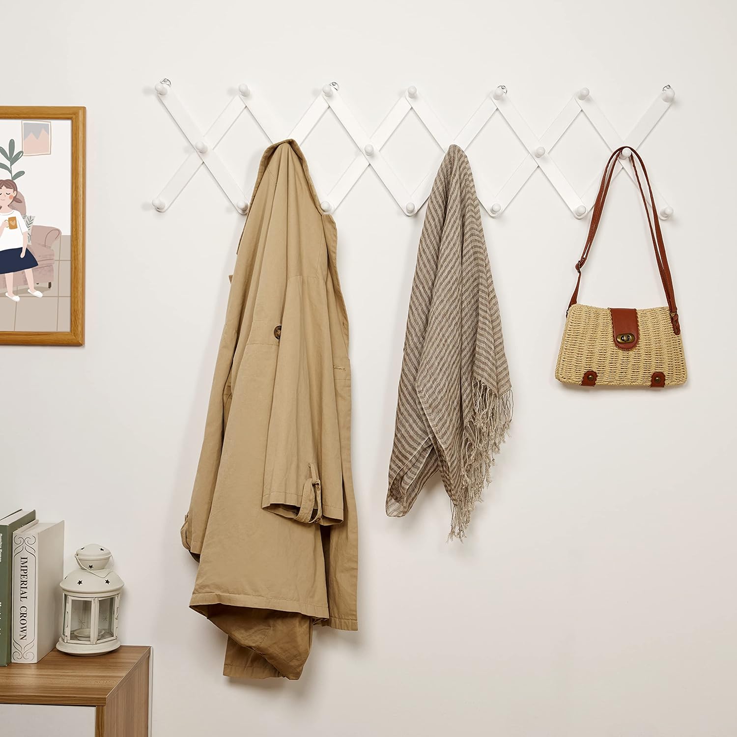 Wooden Wall Hanger Expandable Coat Rack with 14 Peg Hooks