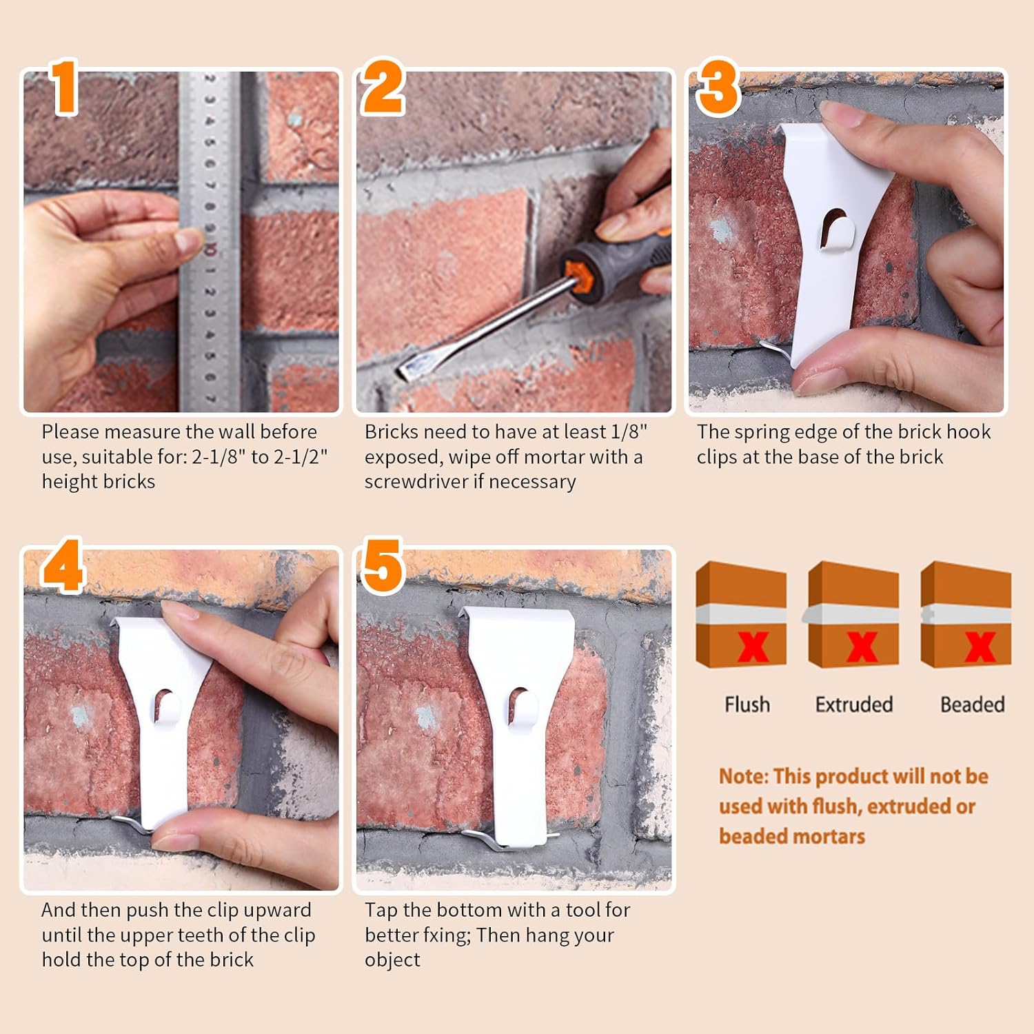 Ripeng 8 Piece Wall Clips Hooks for Brick No Drill Hanging