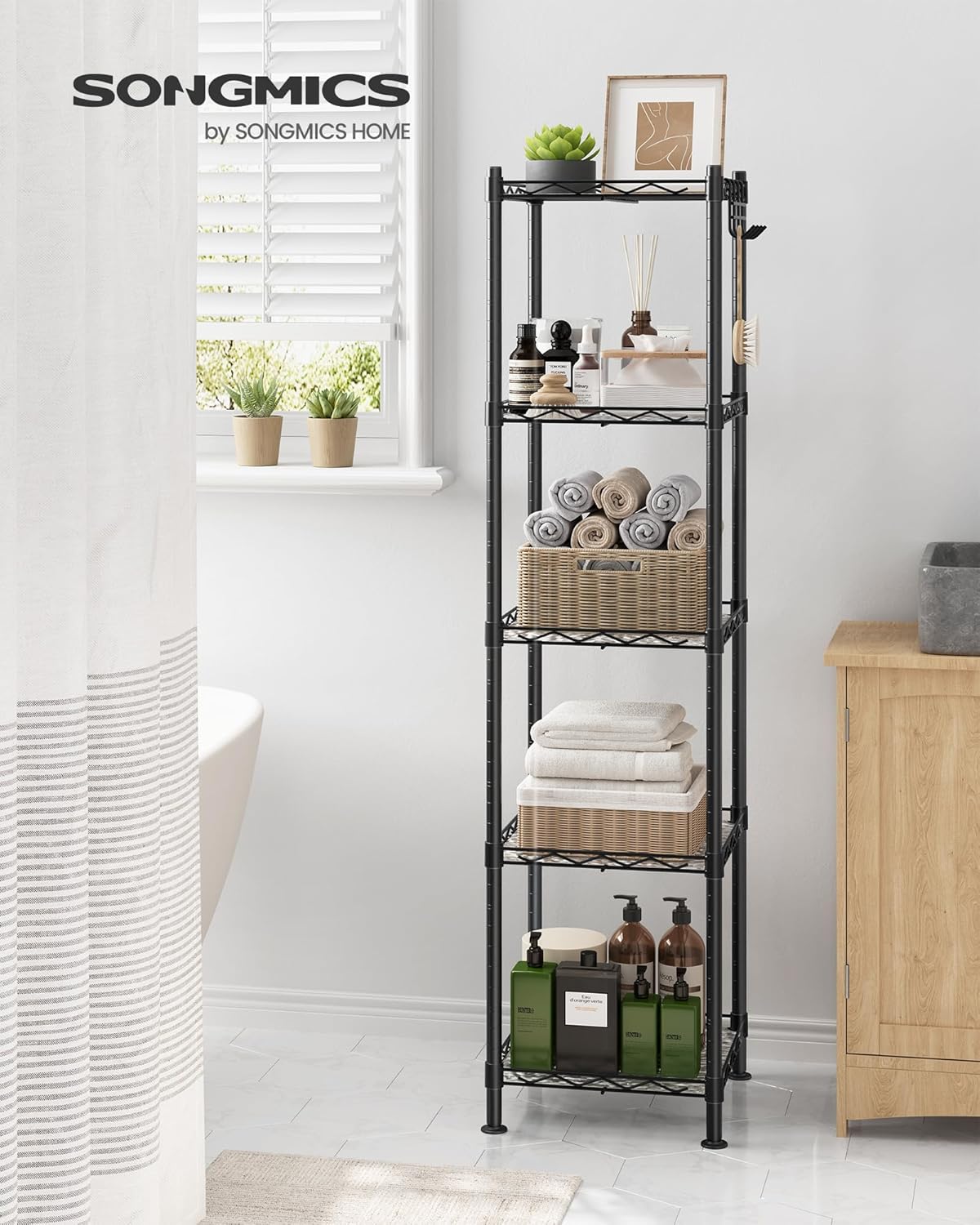 SONGMICS 5-Tier Bathroom Shelf with PP Liners and Extendable Design