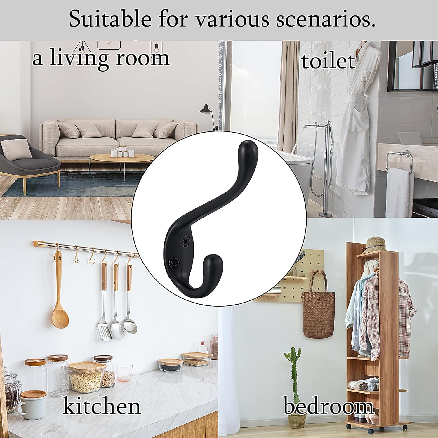 Jukzi Heavy Duty Coat Hooks 5 Pack Matte Black