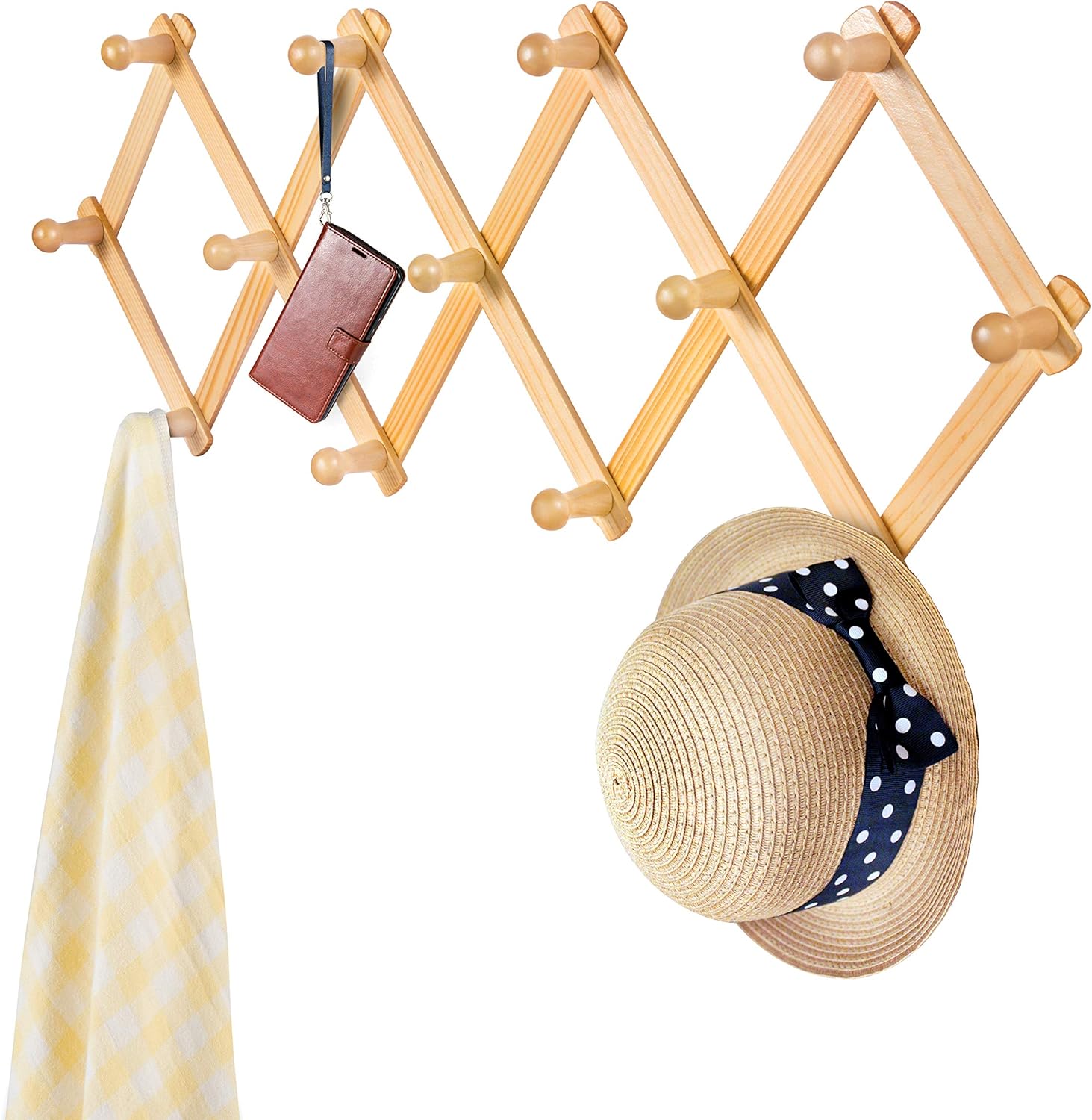 Prairie Star Expandable Coat Rack with 13 Peg Hooks for Storage of Hats Scarves Purses and More