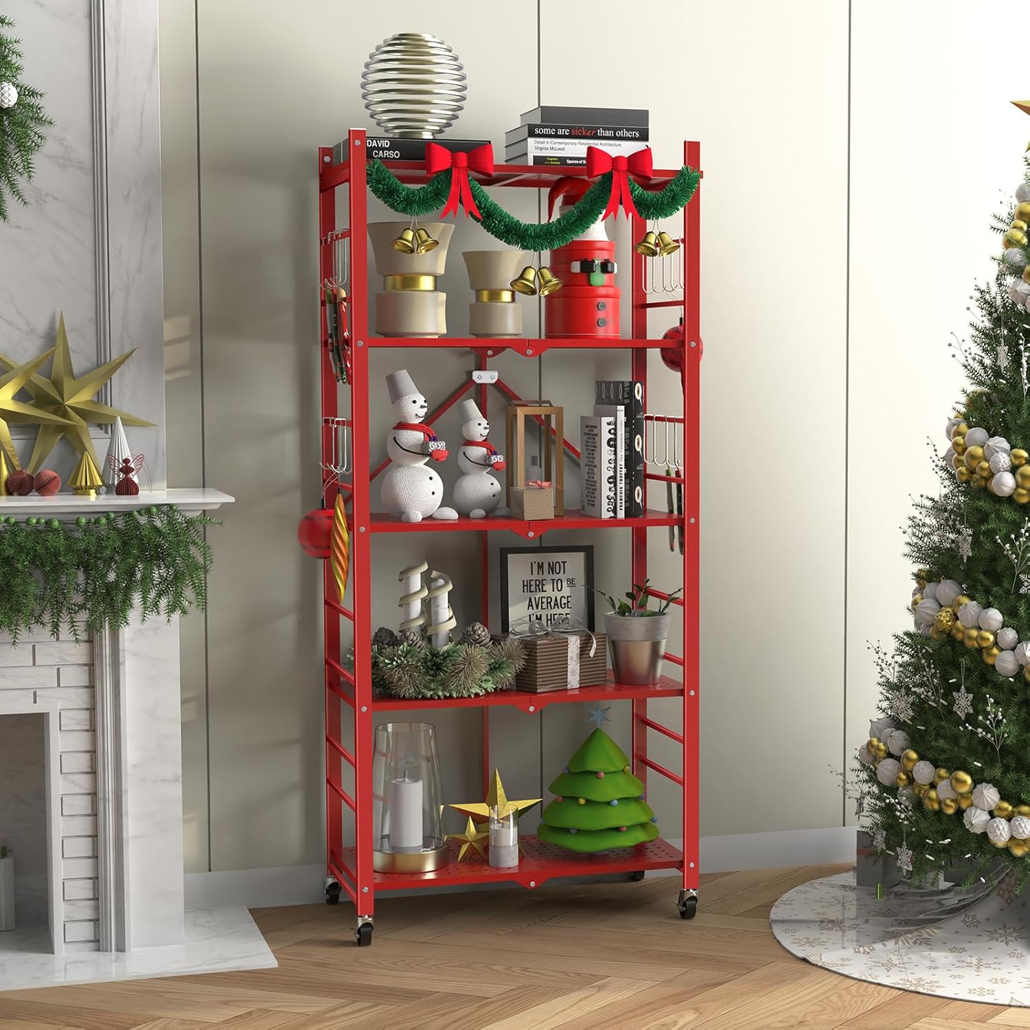 Himix 5-Tier Foldable Storage Shelves with 20 Hooks Red