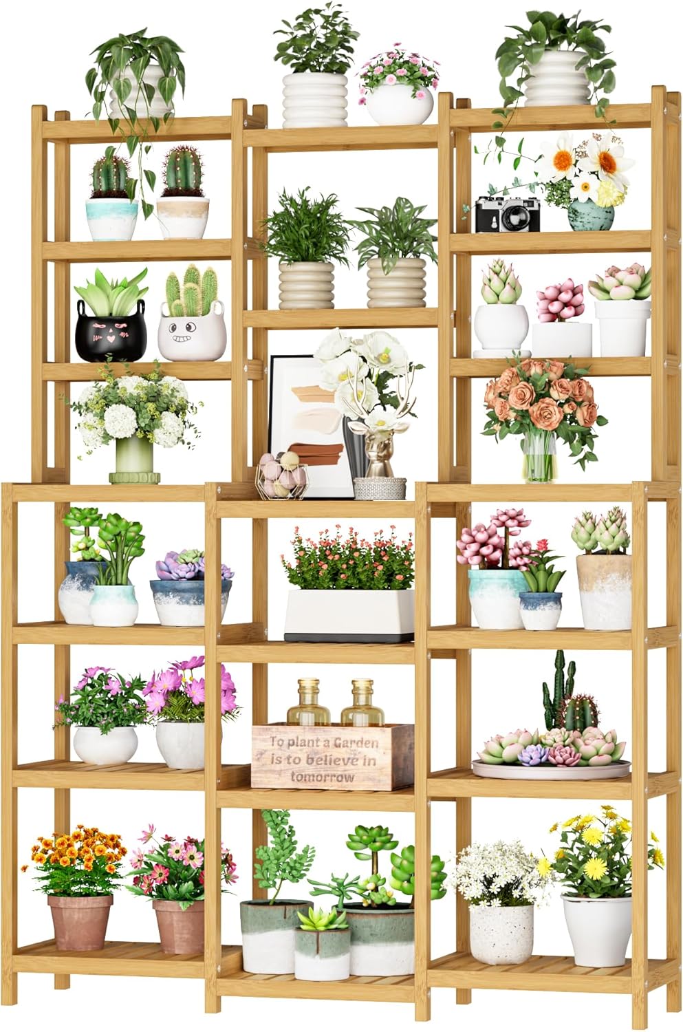 Fotosok Bamboo Shelf 7 Tier 3 Row Plant Stand