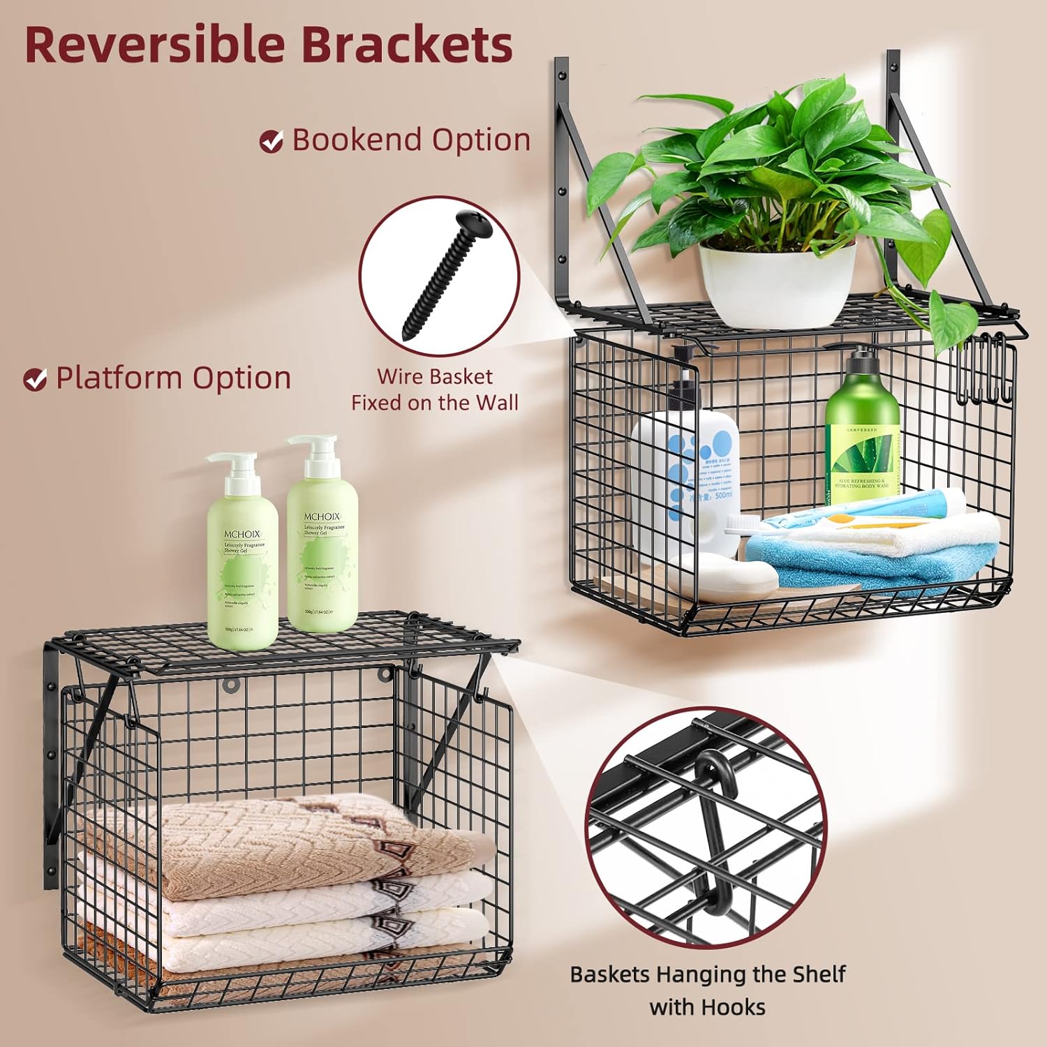 2 Pack Laundry Room Shelves with 8 Hooks Black