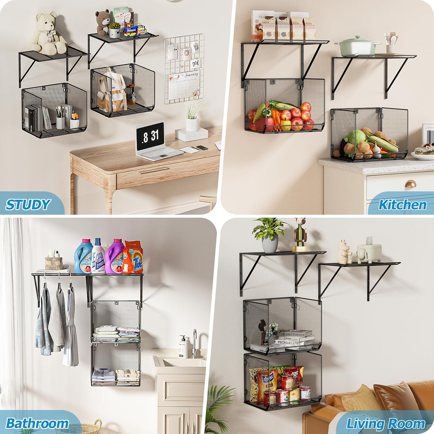 2 Pack Laundry Room Shelves with Wire Mesh Baskets and Wall Mount Clothes Drying Racks