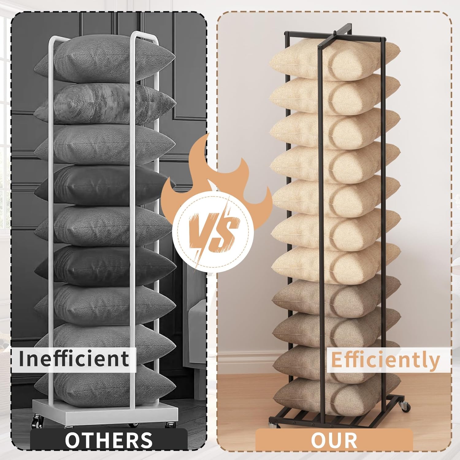 Pillow Storage Rack with Adjustable Height and Mobile Wheels