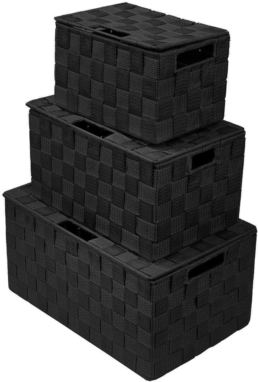 Sorbus Set of 3 Black Woven Storage Baskets with Lids