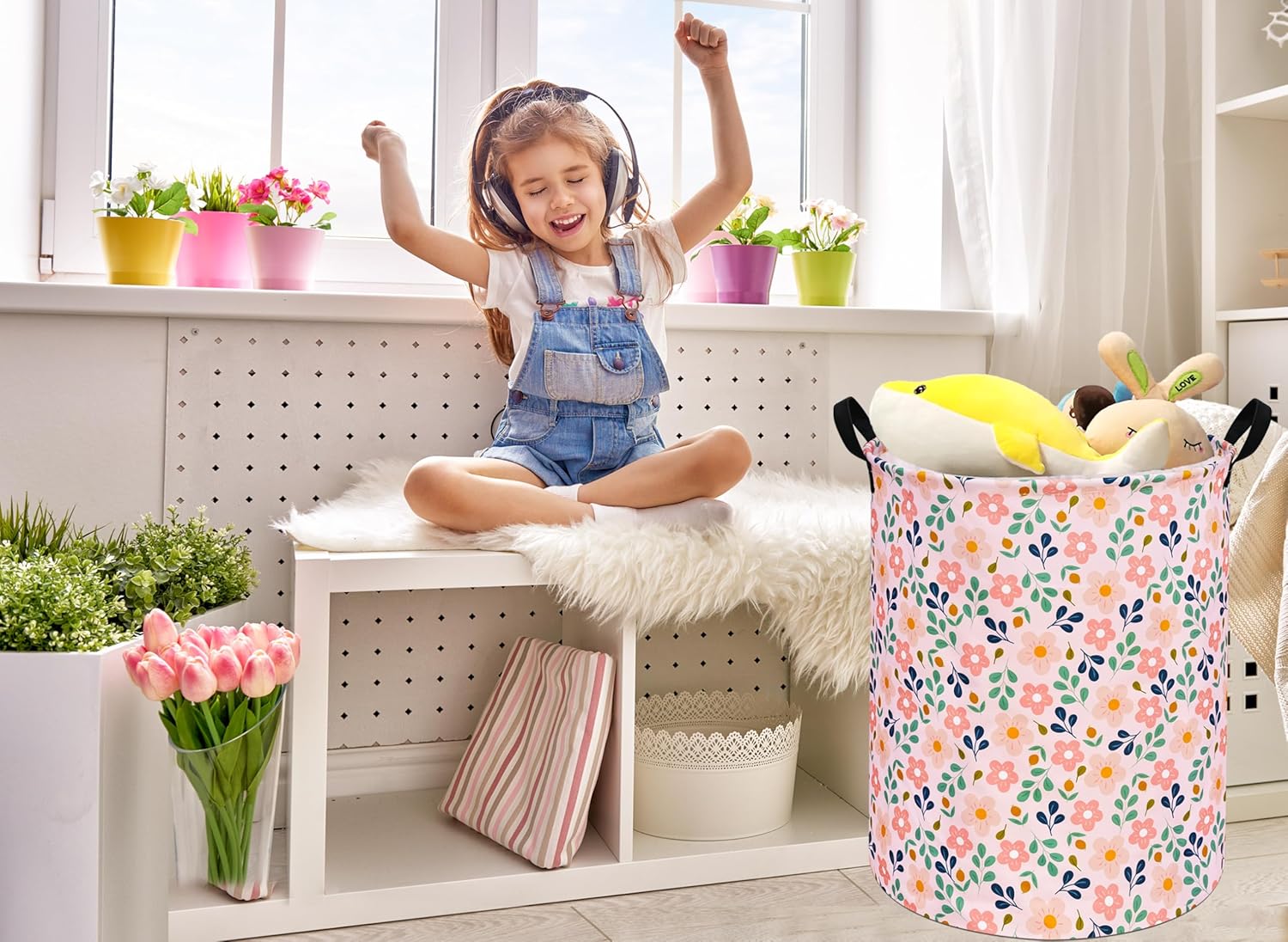 Kids Flower Hamper Storage Bins for Girls Room Decor