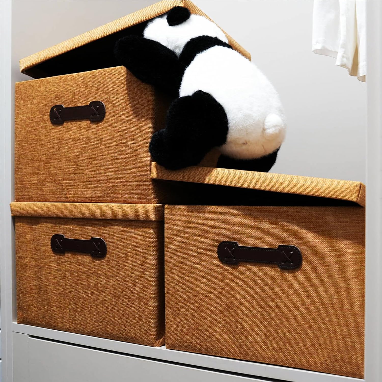 EnzkUnity Lidded Storage Bins 3-Pack Brown Fabric Linen Foldable Basket with Handle