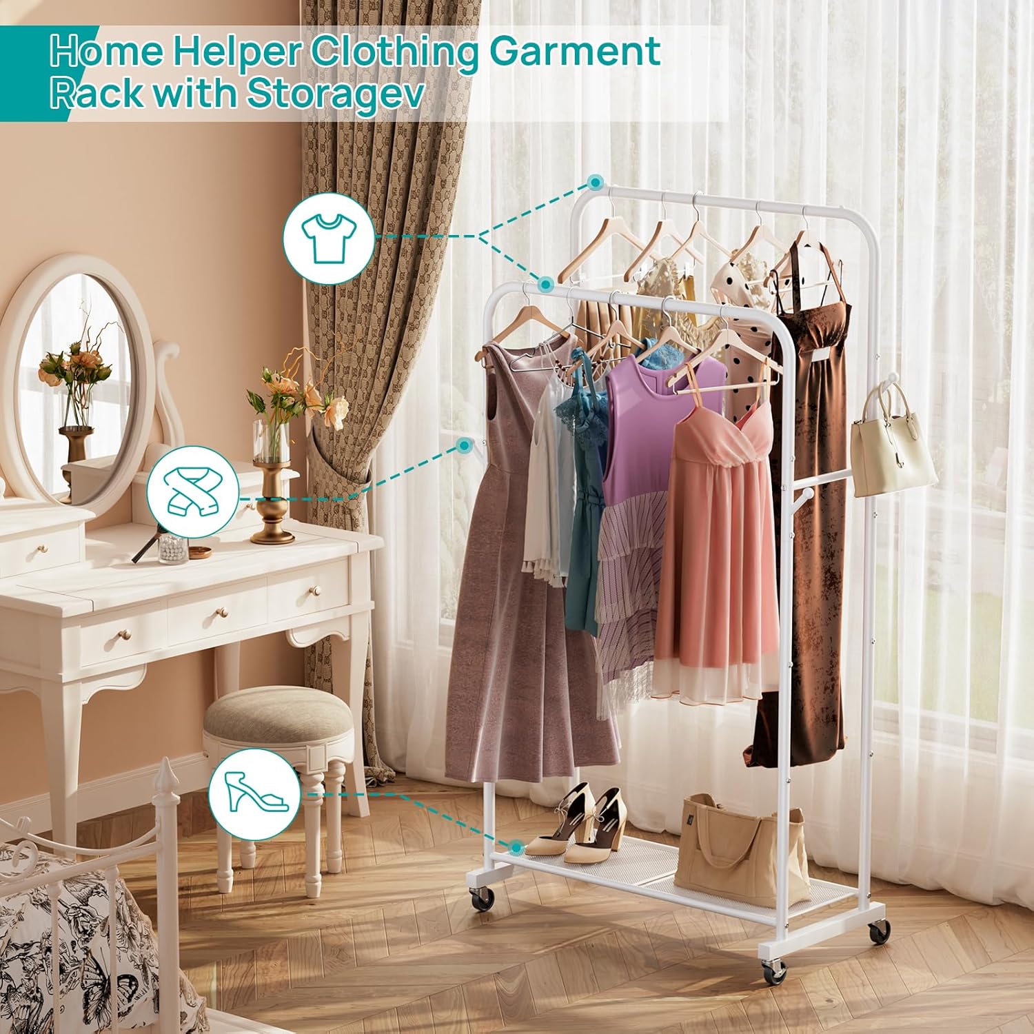 SINGAYE Freestanding Metal Garment Rack with Wheels for Hanging Clothes
